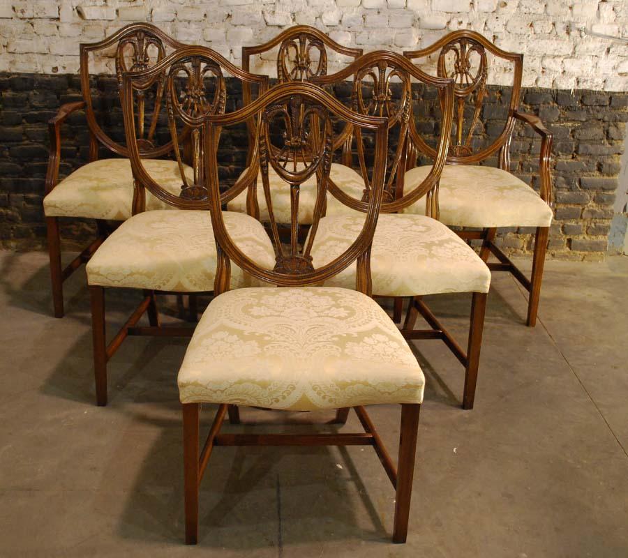 George III Six-Pieces Set Sheraton Style Bevan Funnel Reprodux Mahogany Dining Chairs