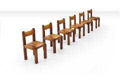 Six Pierre Chapo S11 Chairs in Solid Elm and Cognac Leather, France, 1966