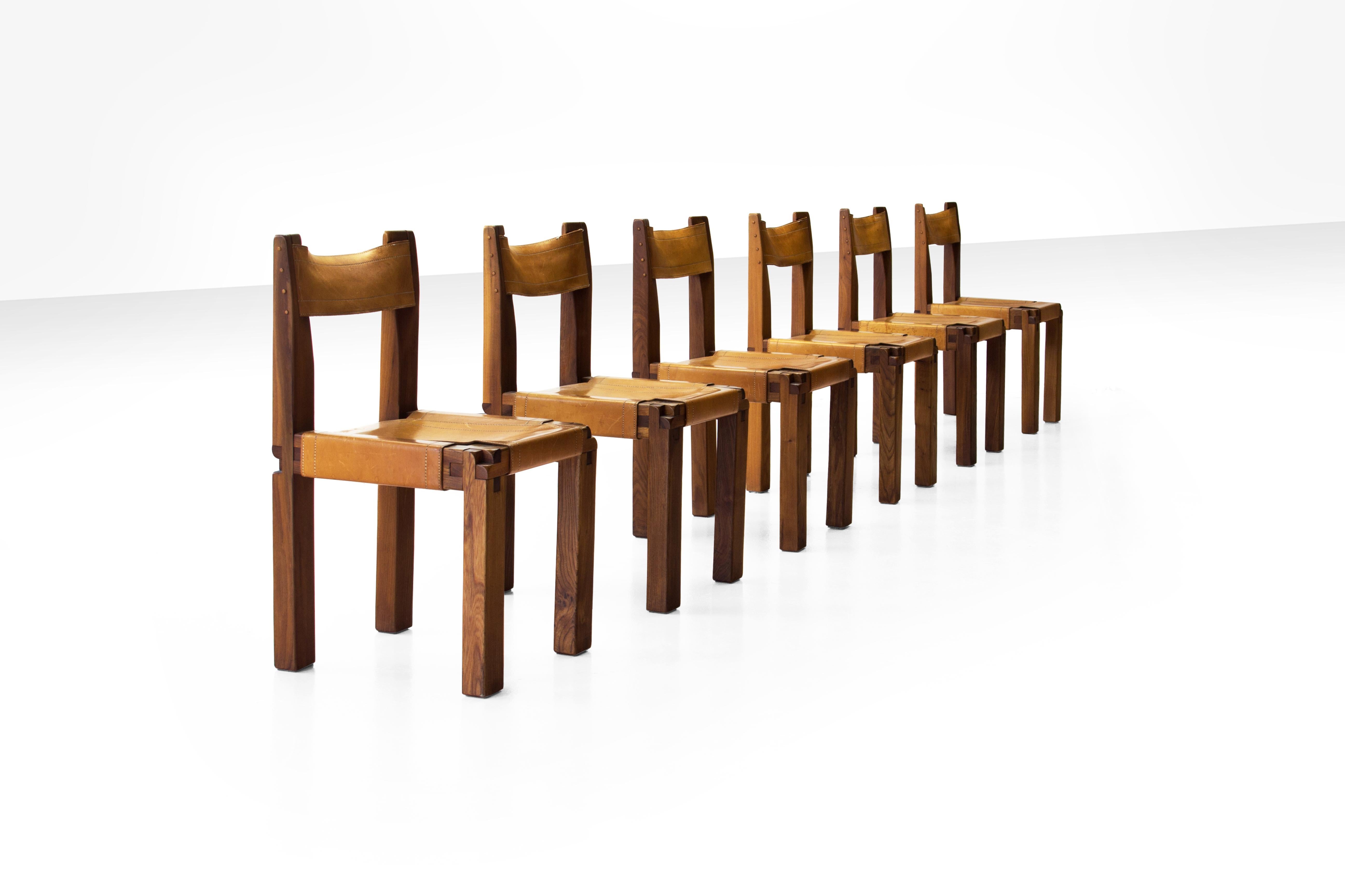 French Six Pierre Chapo S11 Chairs in Solid Elm and Cognac Leather, France, 1966