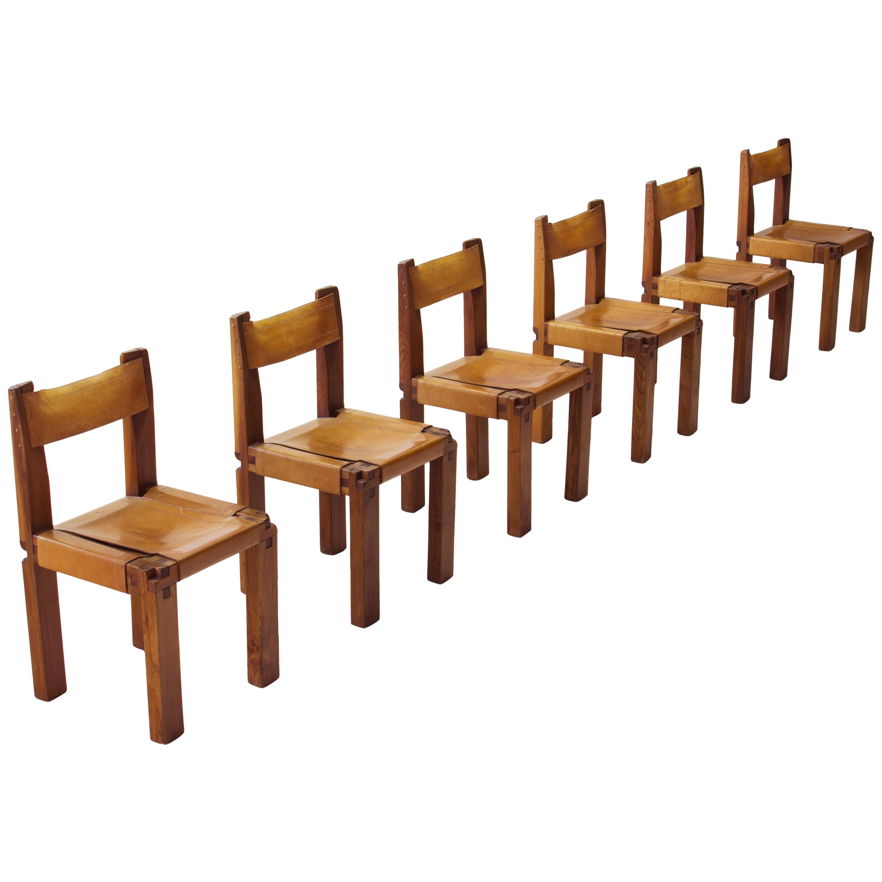 Six Pierre Chapo S11 Chairs in Solid Elm and Cognac Leather, France, 1966