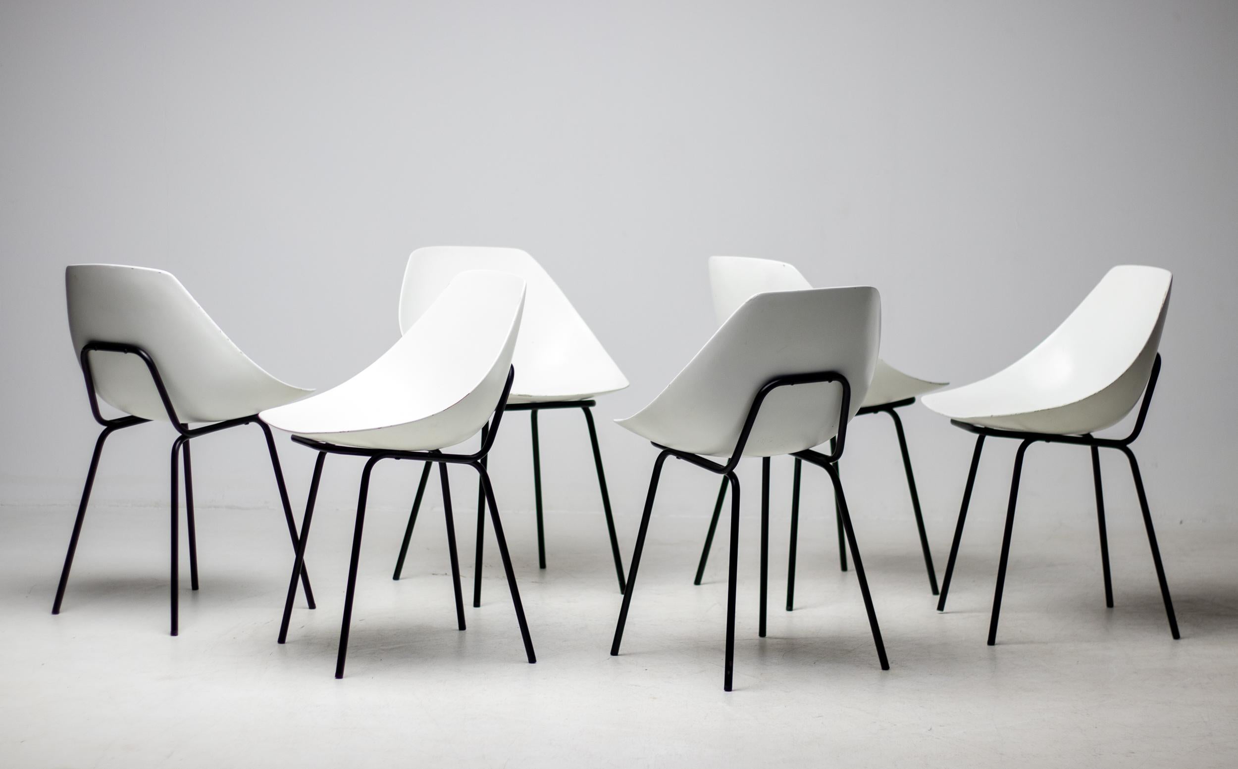 Sechs Pierre Guariche Coquillage-Stühle (Mitte des 20. Jahrhunderts) im Angebot
