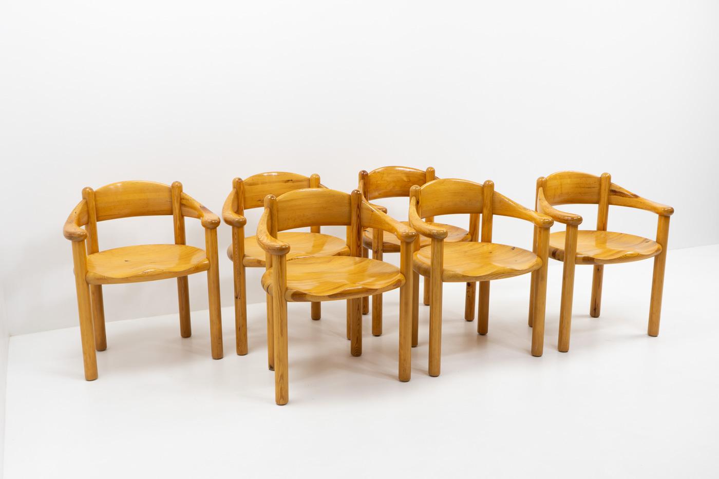 Six armchairs in pinewood by the Danish architect Rainer Daumiller, produced by Hirtshals Sawmill during the late 1970s.

Constructed in solid wood and with round curves, these chairs are actually quite comfortable to sit in. The chairs have