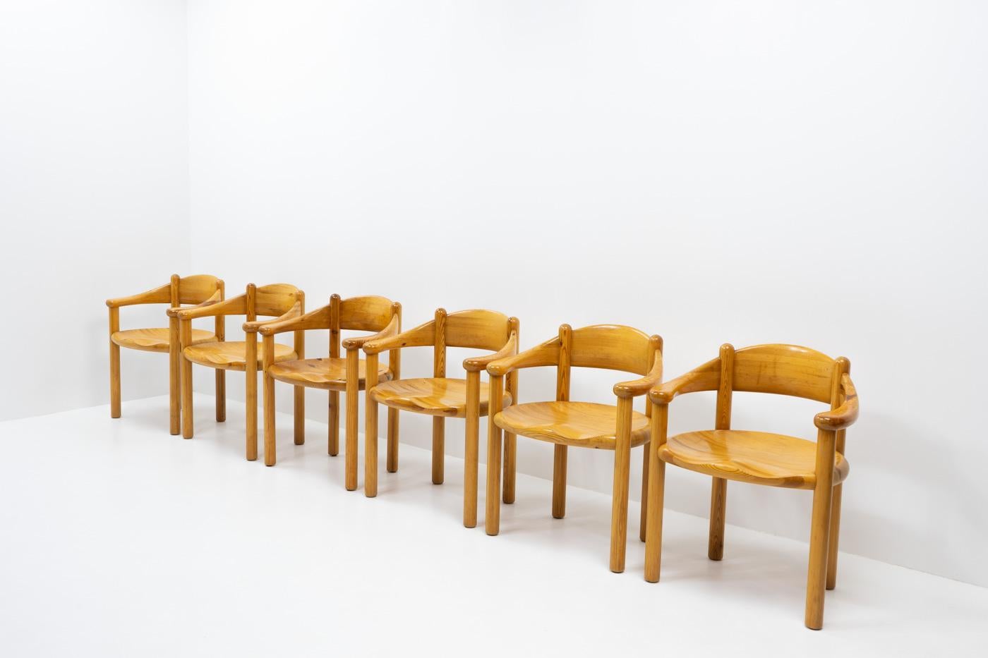 Mid-Century Modern Six Pinewood Carver Chairs by Rainer Daumiller, 1970s For Sale