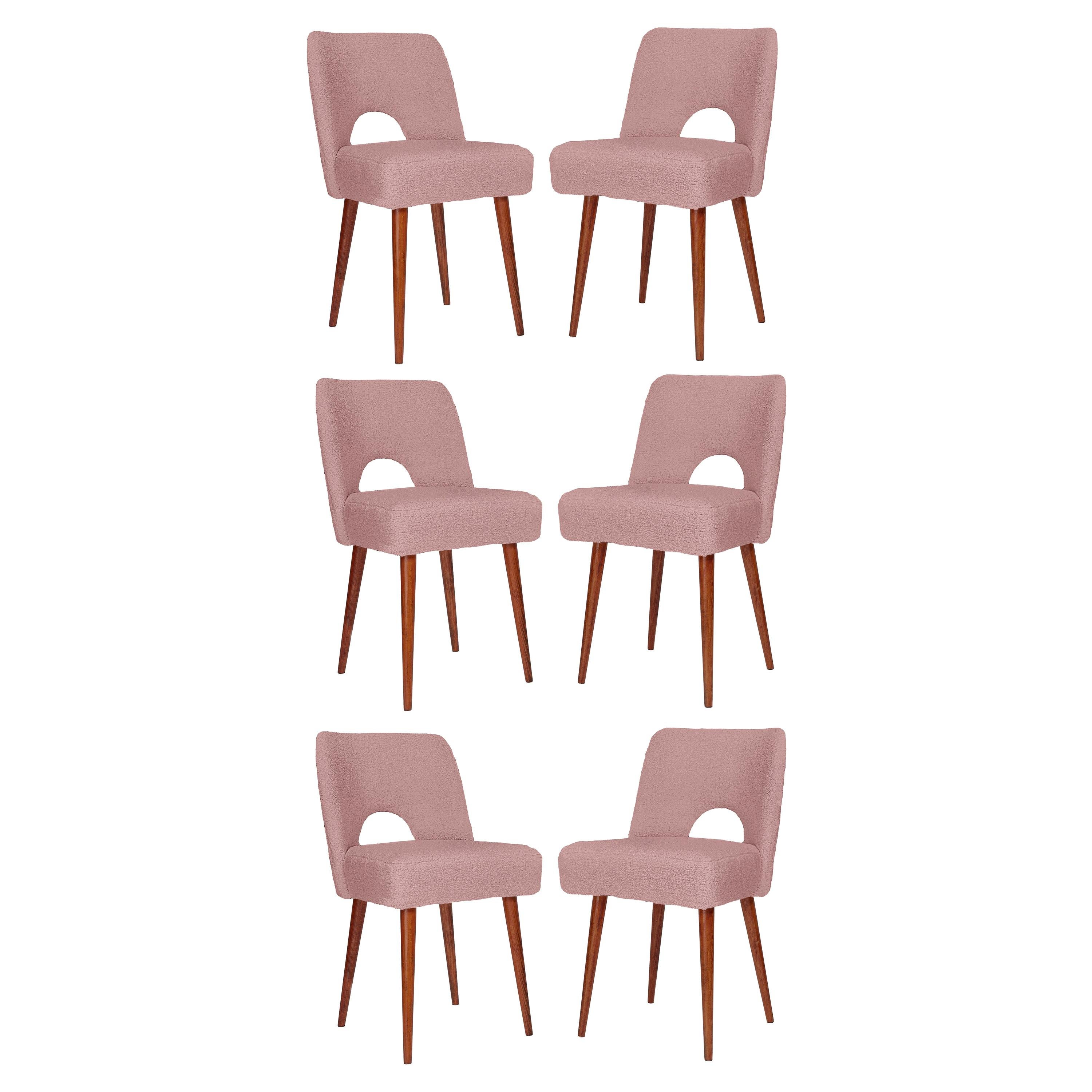 Six Pink Boucle 'Shell' Chairs, Poland, 1960s