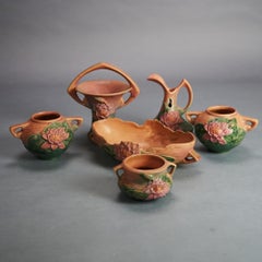 Six Pink & Green Roseville Art Pottery with Water Lily Pattern Mid 20thC