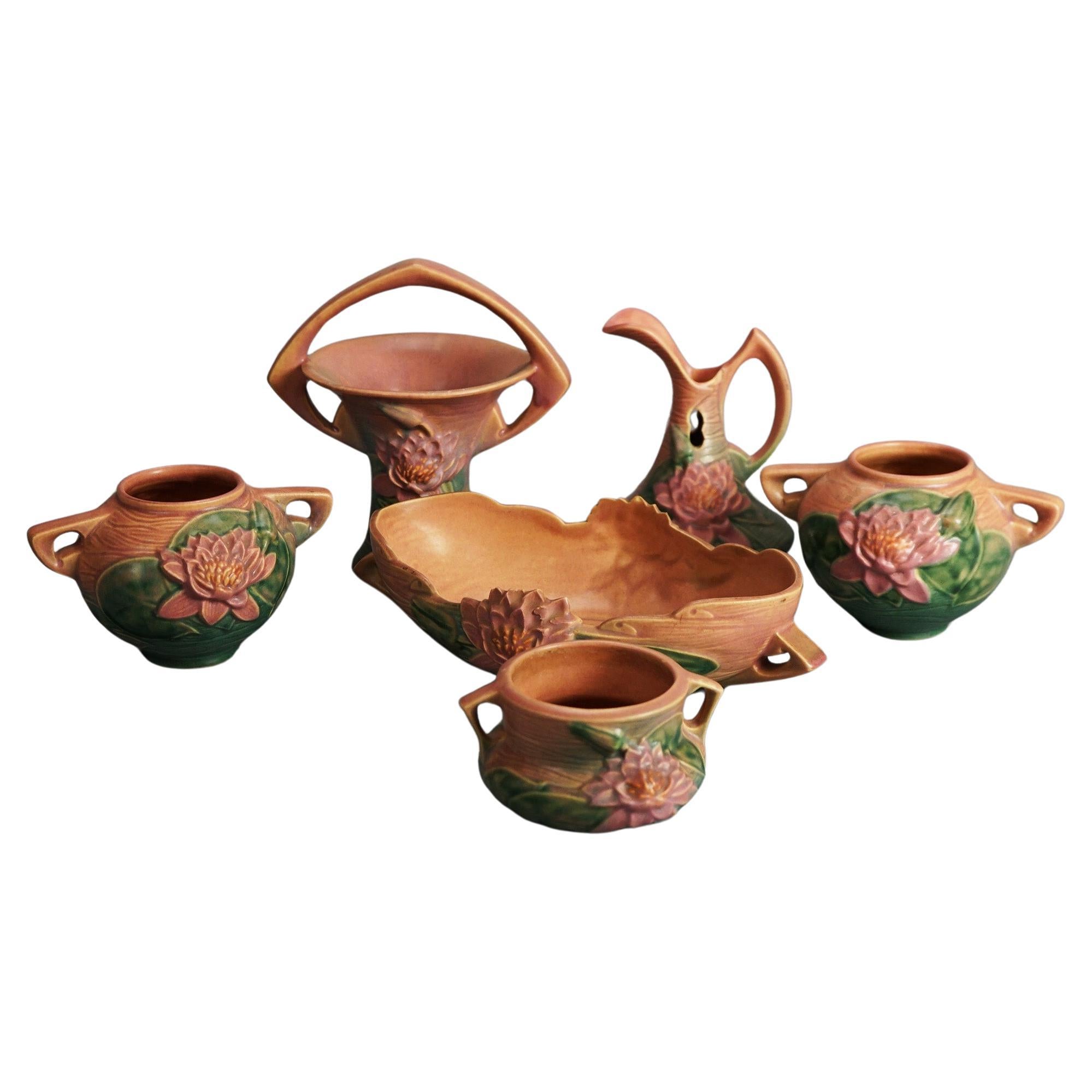 Six Pink 
Green Roseville Art Pottery with Water Lily Pattern Mid 20thC