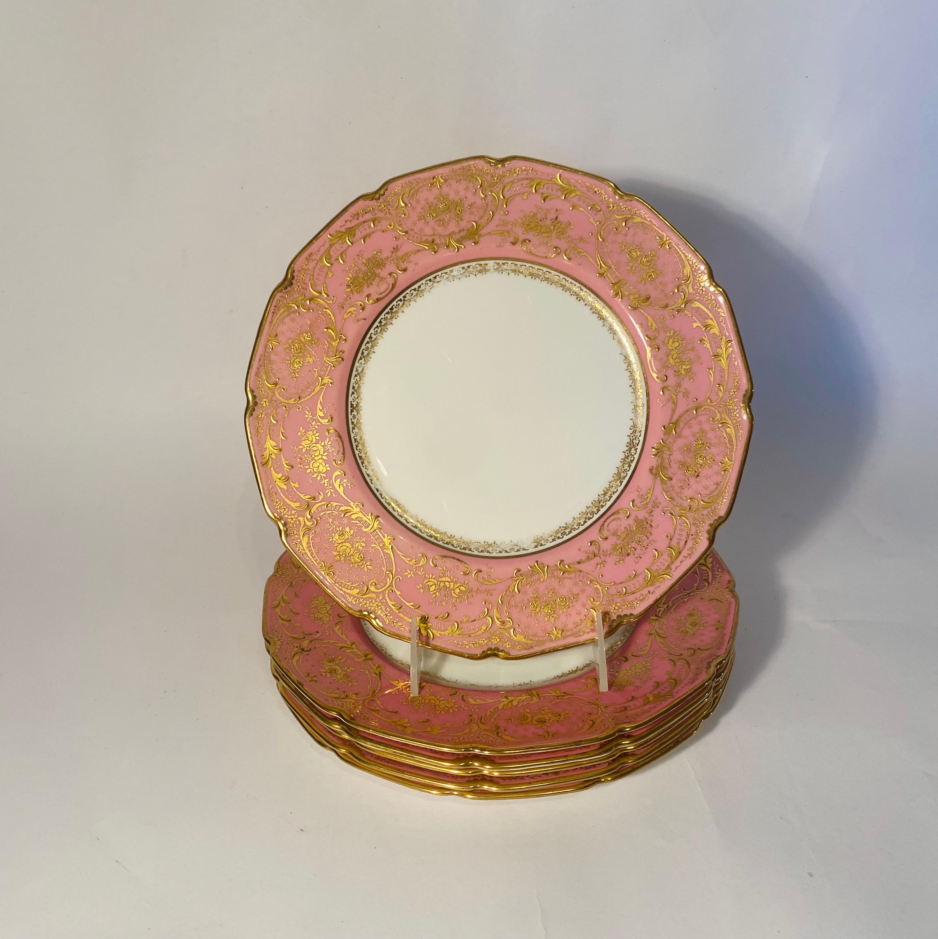 British Six Pink & Raised Gold Dinner Plates, Antique Circa 1910 & Custom Ordered
