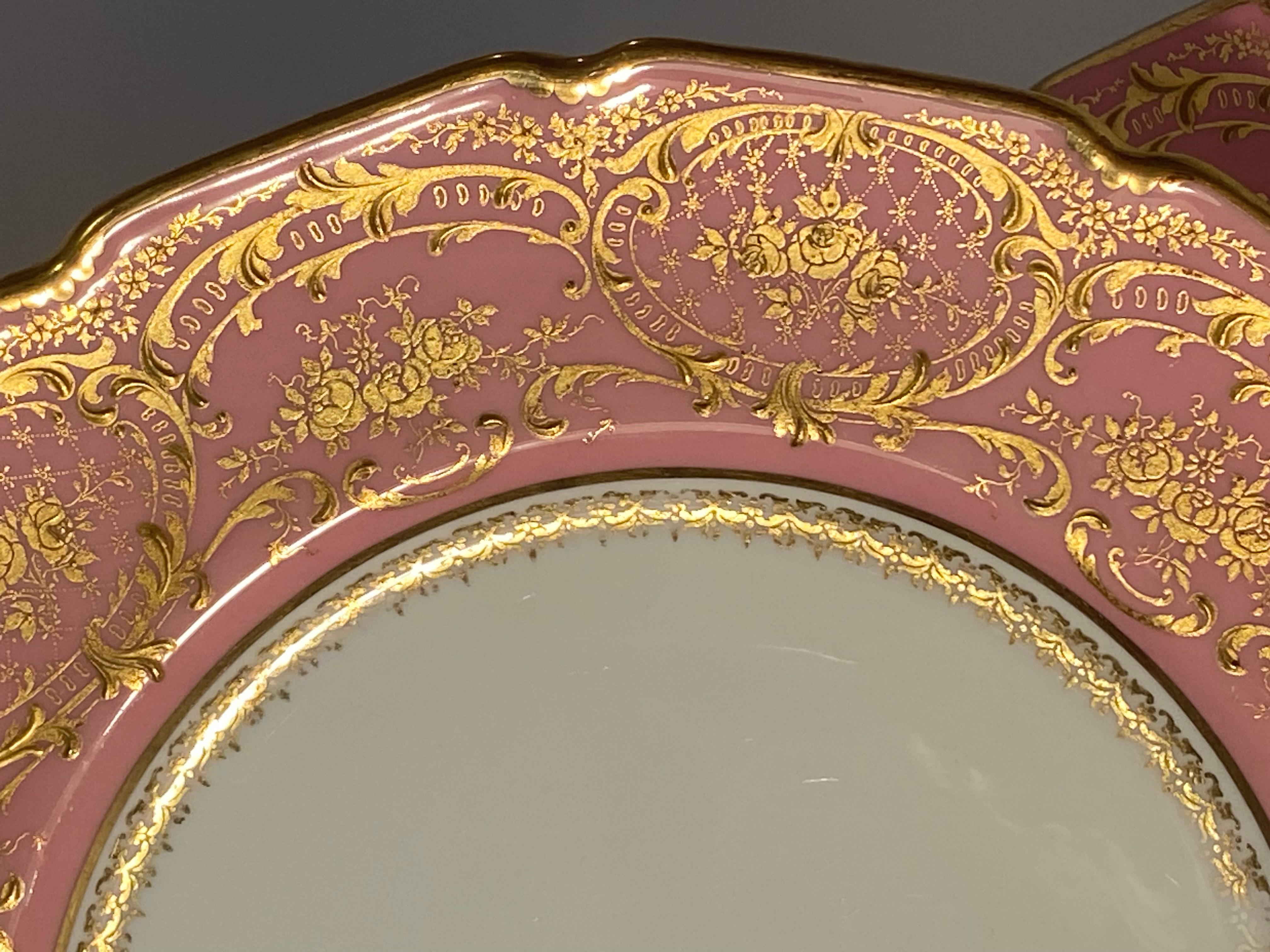 Hand-Crafted Six Pink & Raised Gold Dinner Plates, Antique Circa 1910 & Custom Ordered