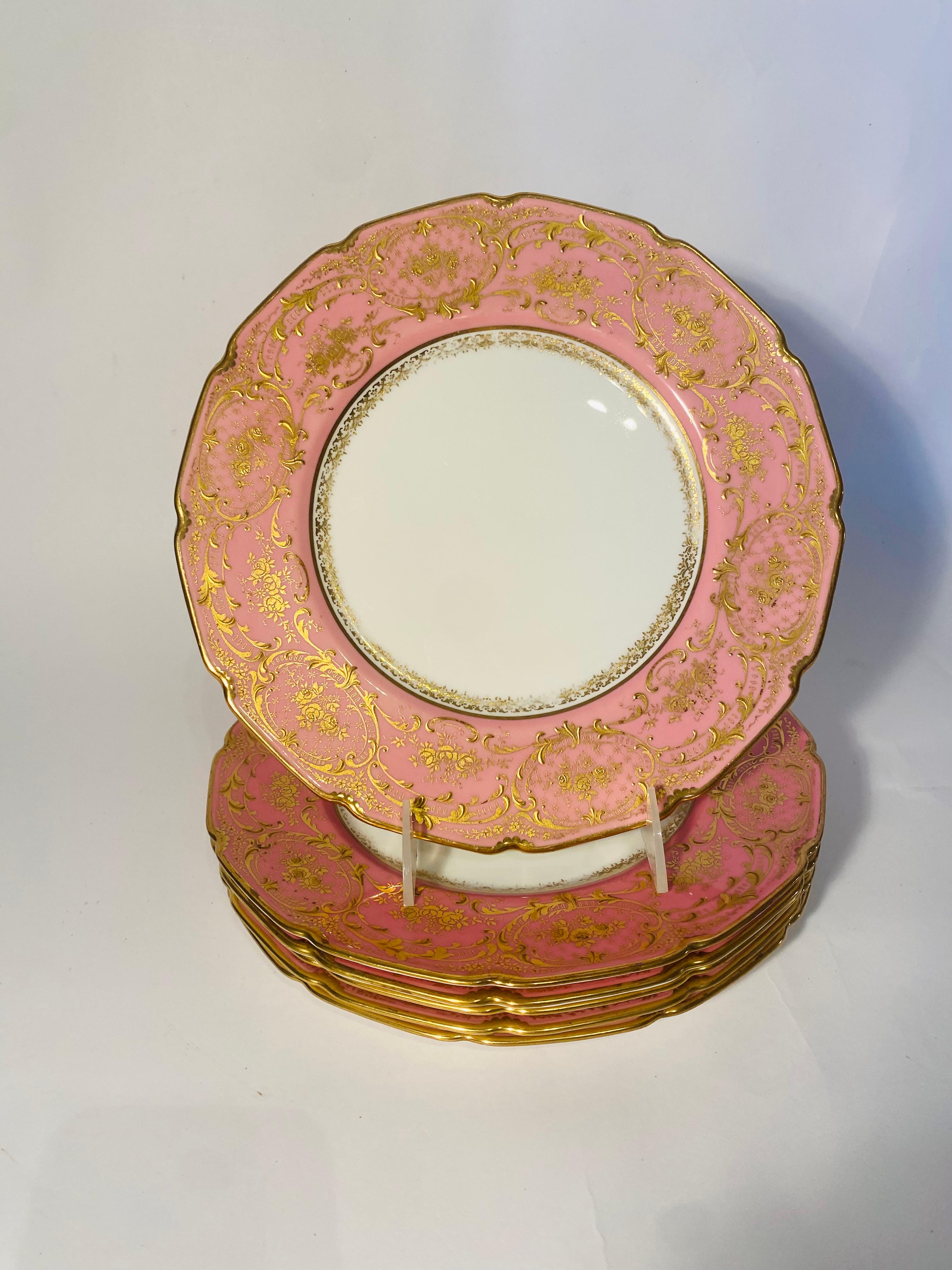 Six Pink & Raised Gold Dinner Plates, Antique Circa 1910 & Custom Ordered In Good Condition In West Palm Beach, FL