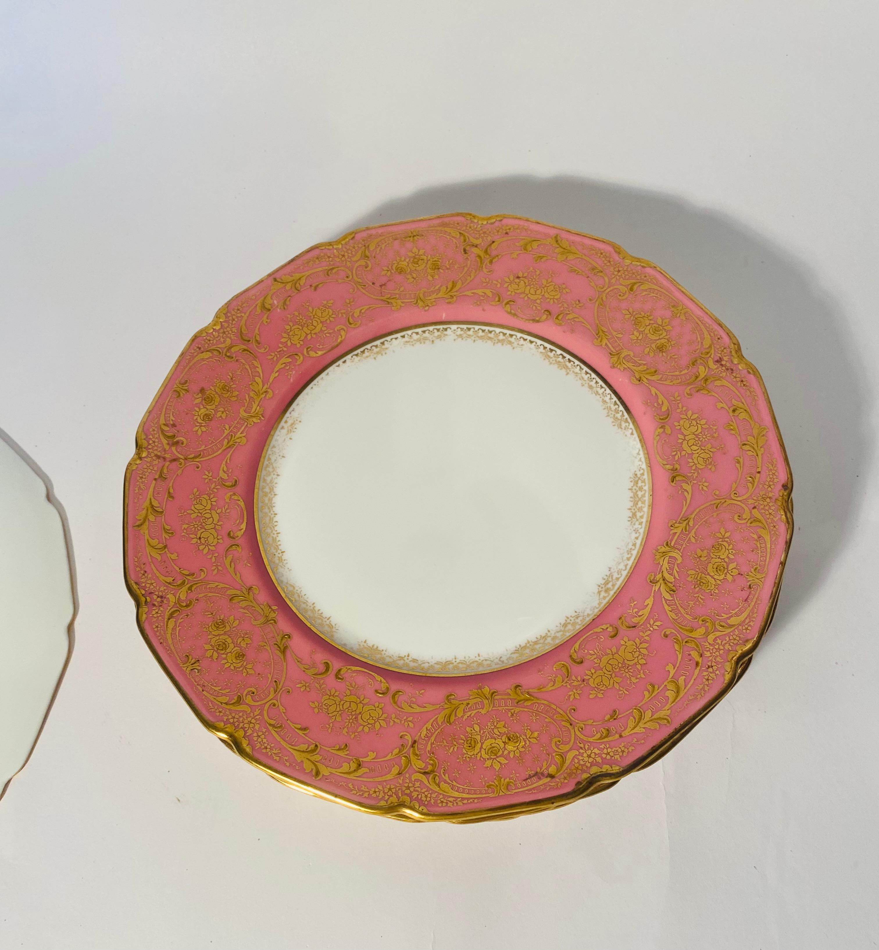 Six Pink & Raised Gold Dinner Plates, Antique Circa 1910 & Custom Ordered 1