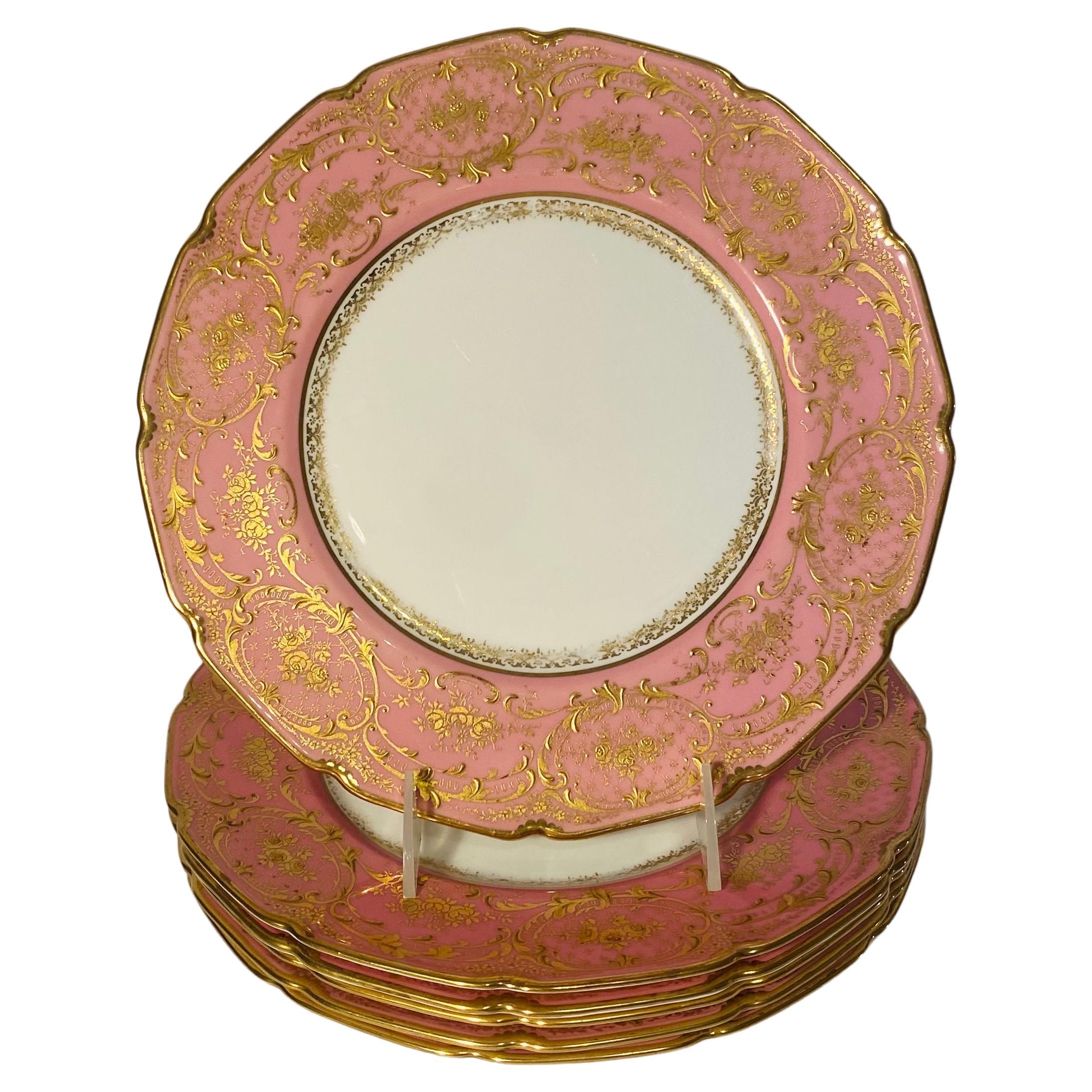 Six Pink & Raised Gold Dinner Plates, Antique Circa 1910 & Custom Ordered