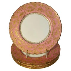 Six Pink & Raised Gold Dinner Plates, Used Circa 1910 & Custom Ordered