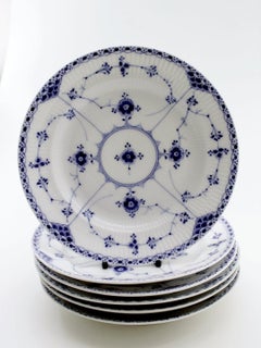 Six Plates, Blue Fluted Half Lace Plates from Royal Copenhagen