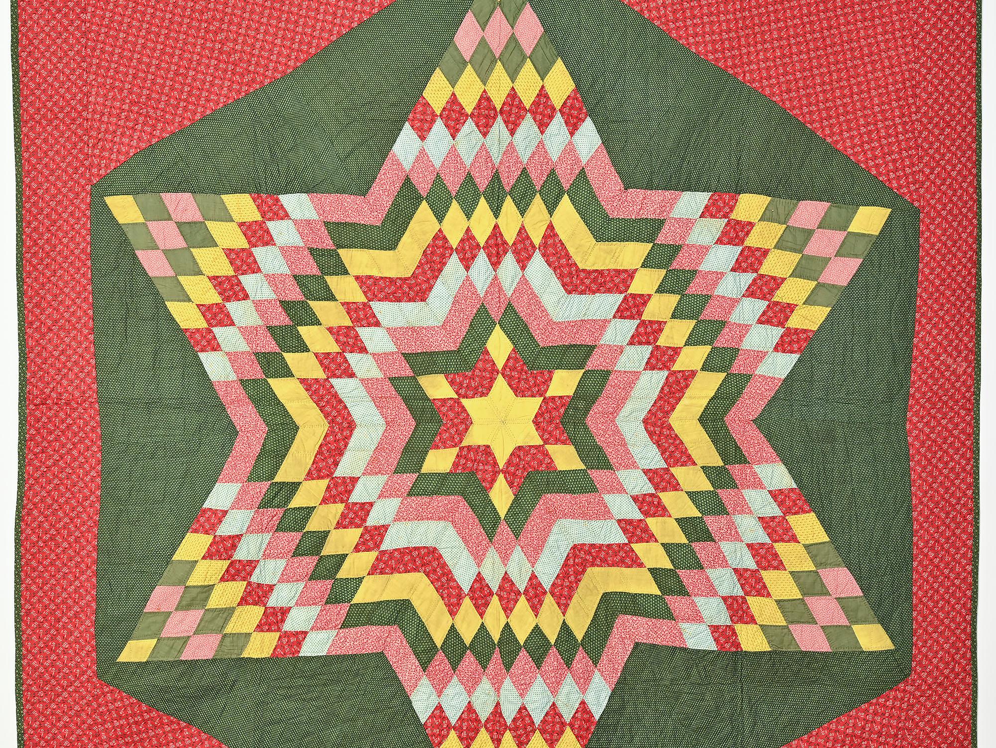 This bold Six Point Star quilt is set in a frame that highlights the diamond shaped pieces of the Star. The central Star is made of a combination of solid and printed fabrics from the 1880's. The quilt is in excellent, unwashed condition. There is