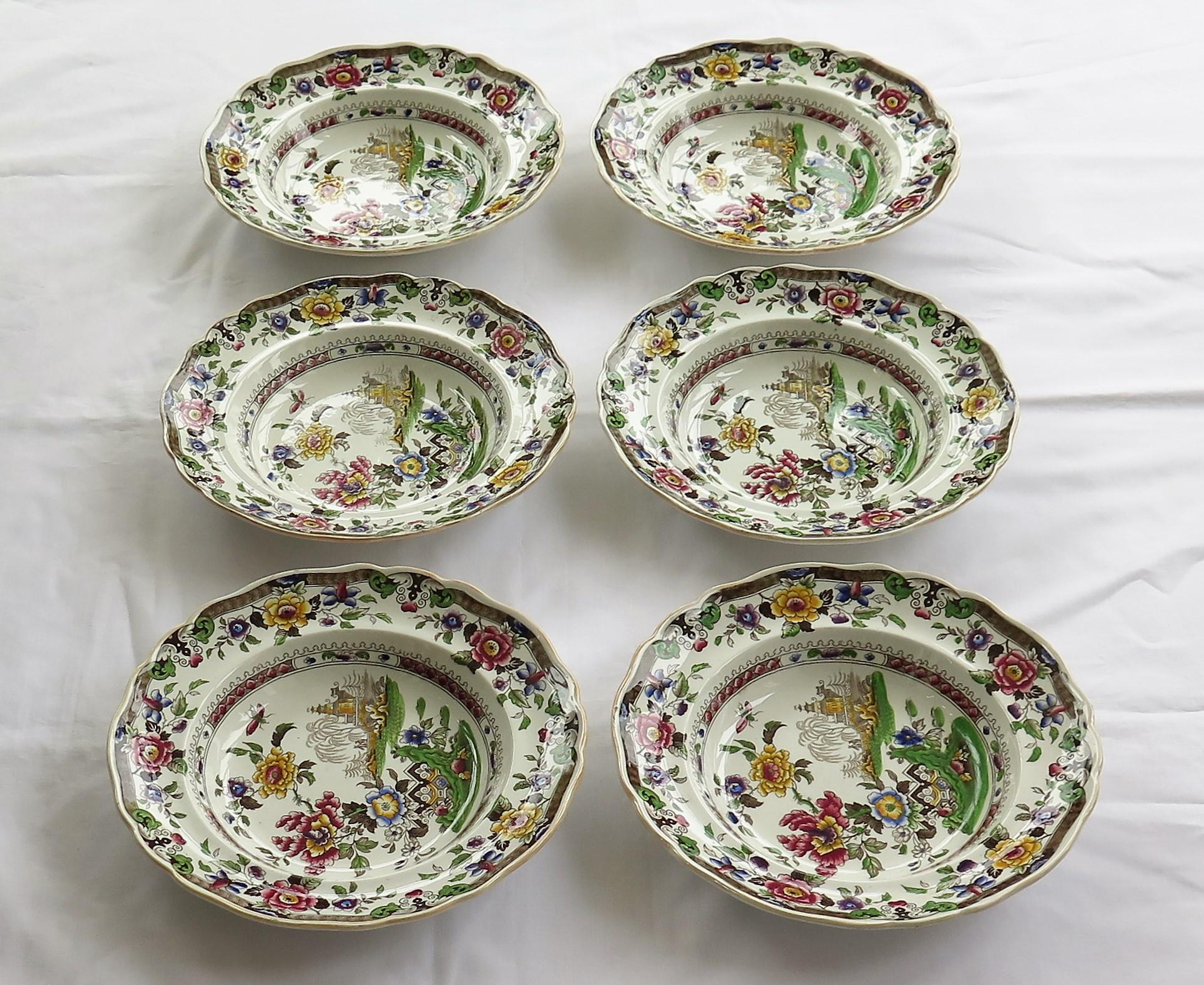 These are a good early decorative set of six large earthenware pottery soup bowls or deep plates made by Zachariah Boyle of Hanley and Stoke, England, circa 1825.

The plates are well potted with a curvy indented rim.

The plates have a detailed