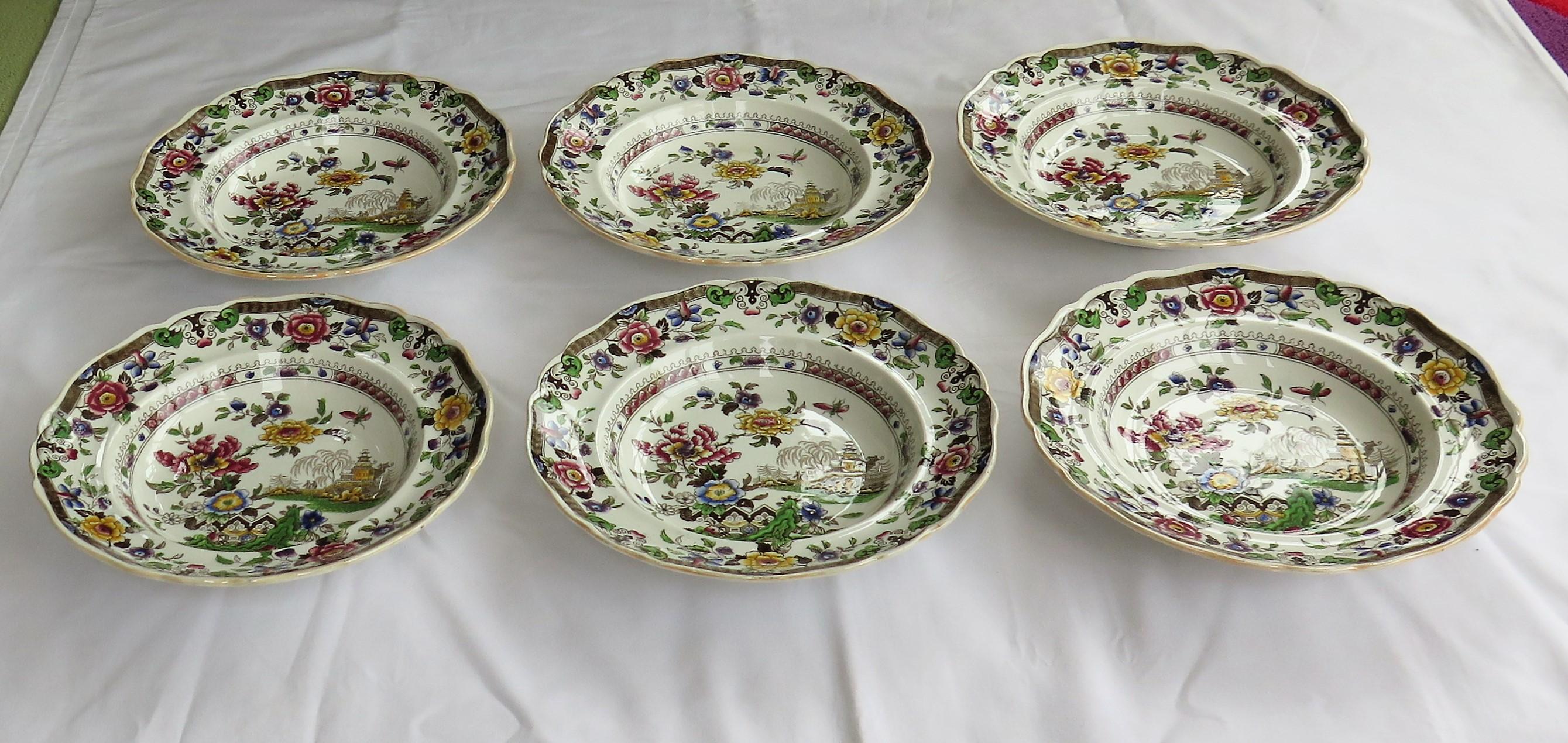 Chinoiserie SIX Pottery Soup Bowls or Plates by Zachariah Boyle Chinese Flora Pattern