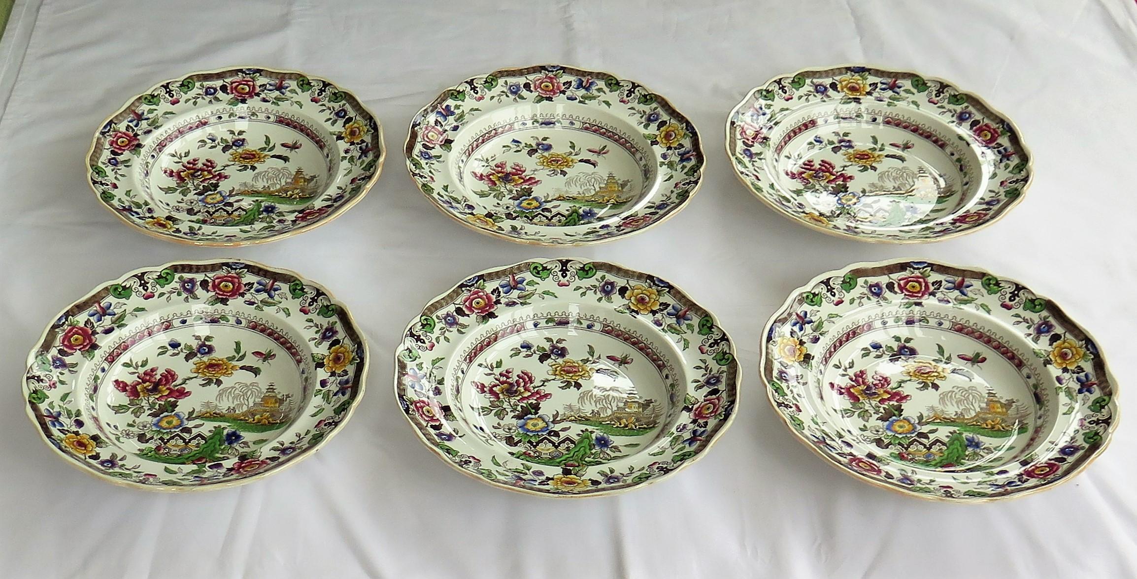 English SIX Pottery Soup Bowls or Plates by Zachariah Boyle Chinese Flora Pattern