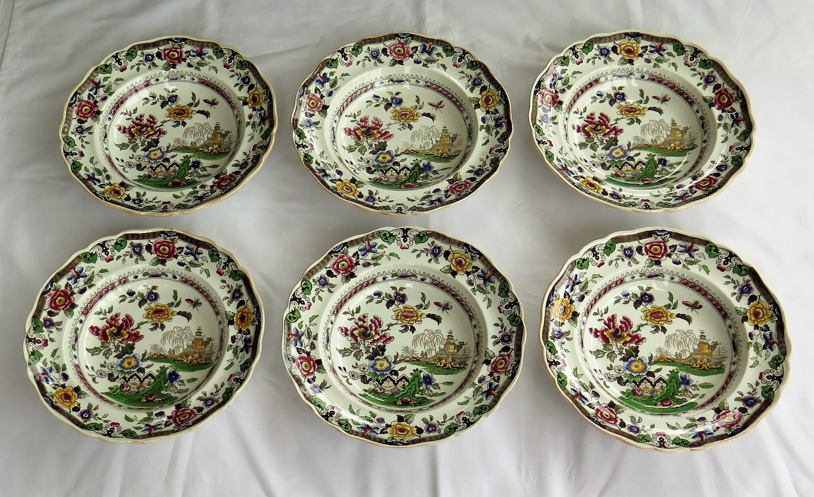 Hand-Painted SIX Pottery Soup Bowls or Plates by Zachariah Boyle Chinese Flora Pattern