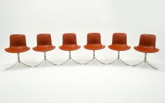 Six Poul Kjaerholm PK9 Chairs. Fritz Hansen. Stainless, Cognac Leather. Signed.