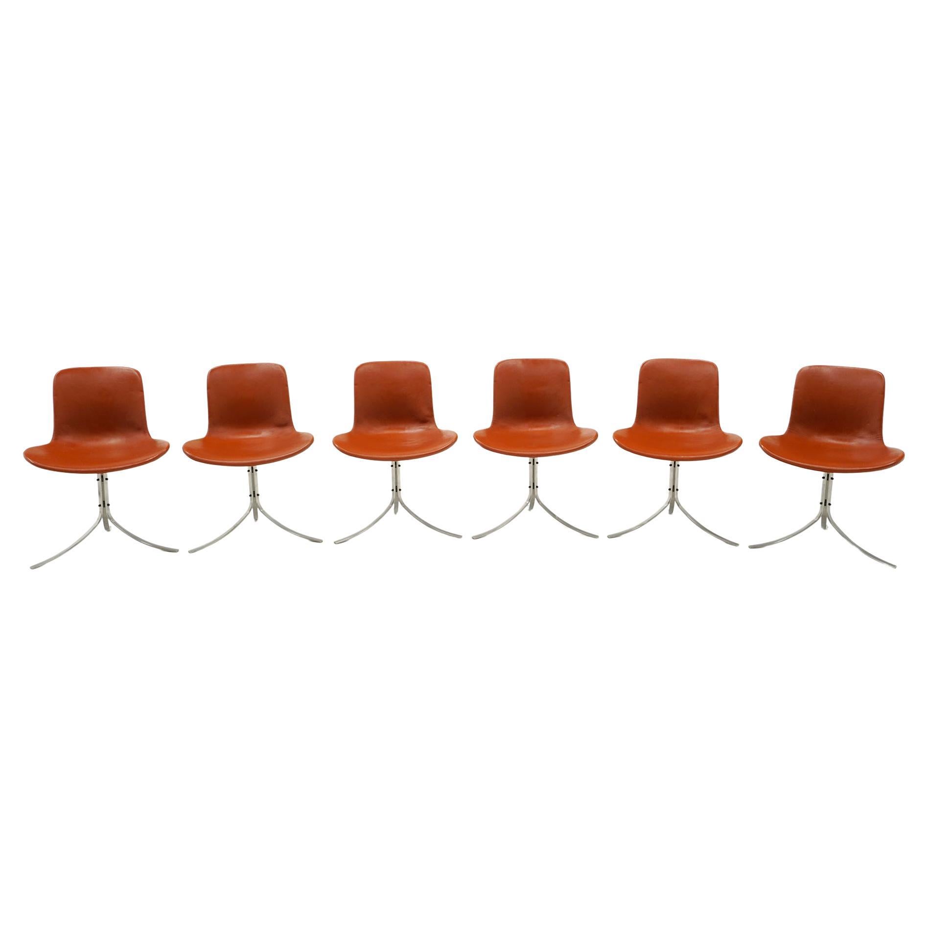 Six Poul Kjaerholm PK9 Chairs. Fritz Hansen. Stainless, Cognac Leather. Signed.
