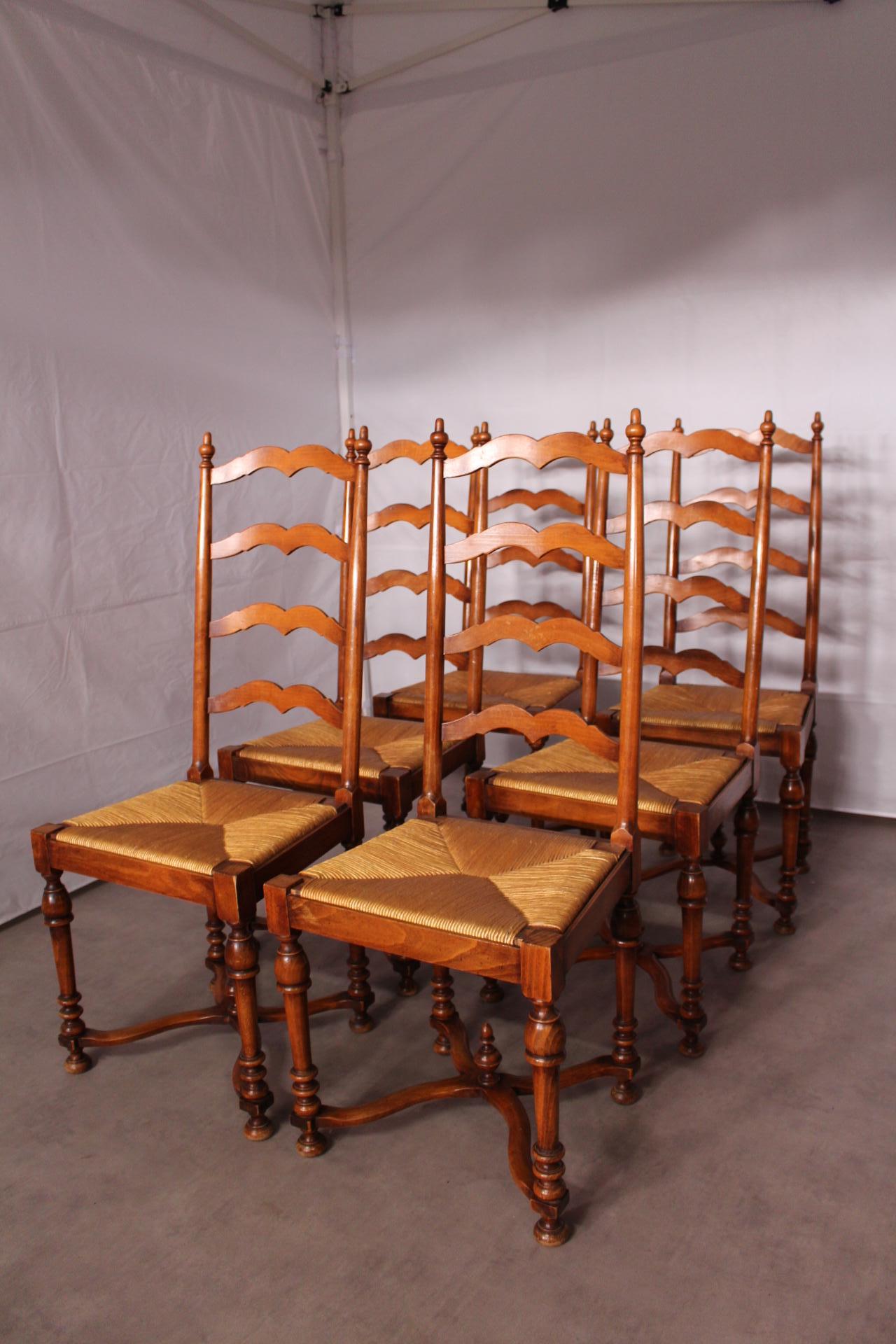 Six Provencal Dining Chairs French Country Ladder Back Rush Seats 2