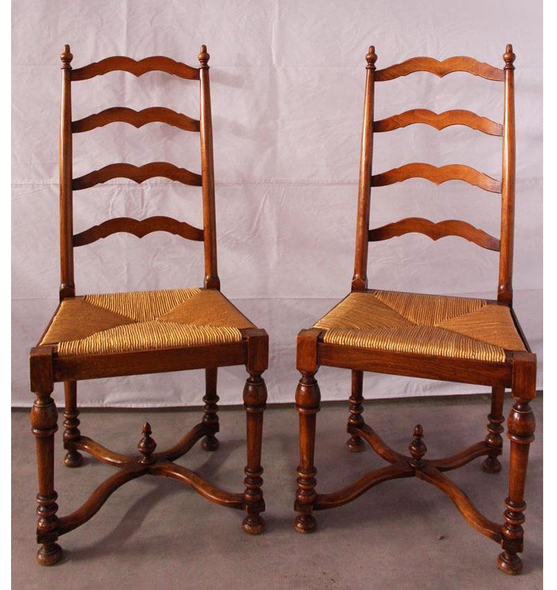 Six Provencal dining chairs French Country House ladder backs with rush seats
cherrywood finish.
In very good condition with only minor signs of use sound and solid.

 