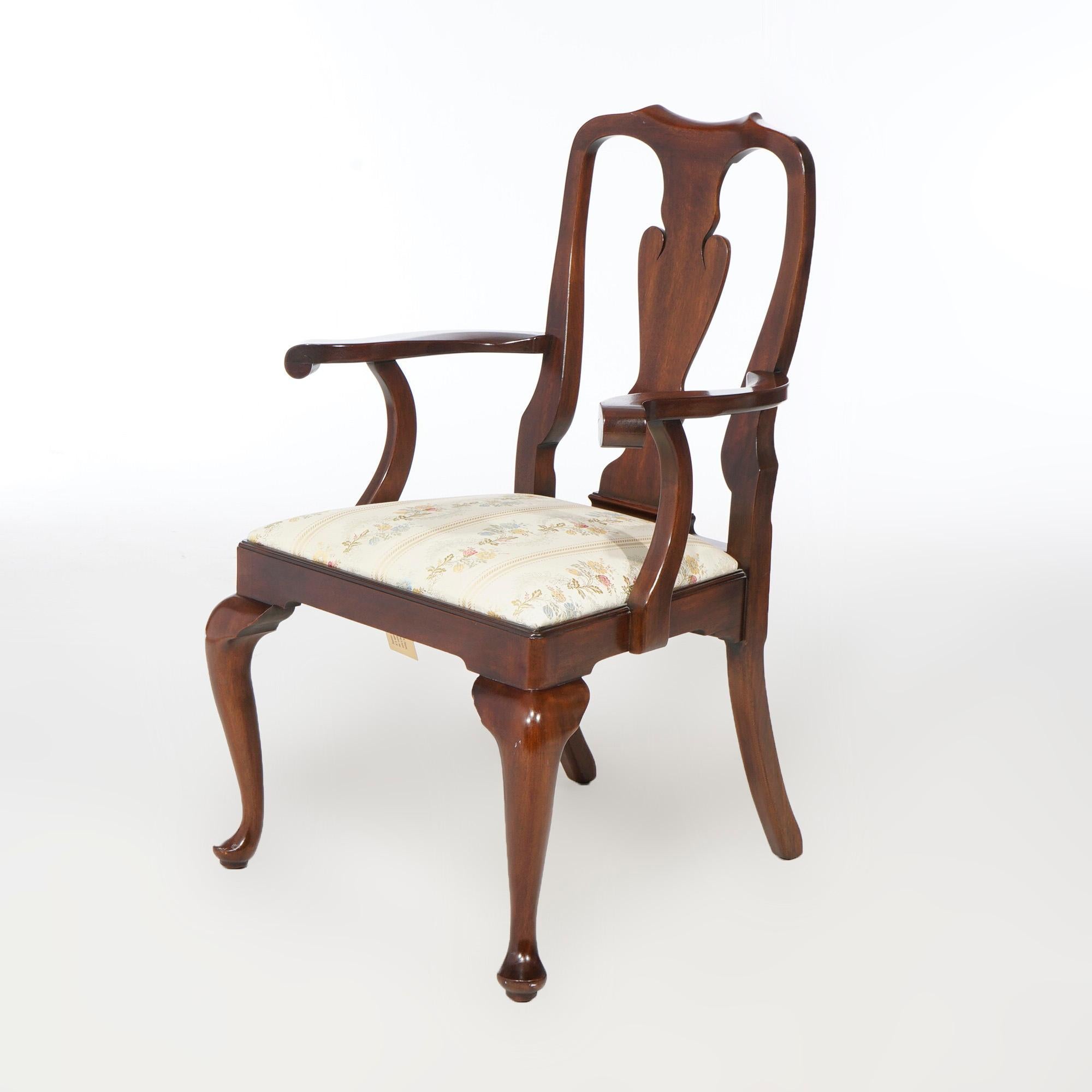 A set of six Queen Anne style dining chairs by Henkel Harris offers mahogany construction with shaped slat back and raised on cabriole legs terminating in pad feet, maker label as photographed, 20th century

Measures- 39''H x 25.5''W x 24''D; seat