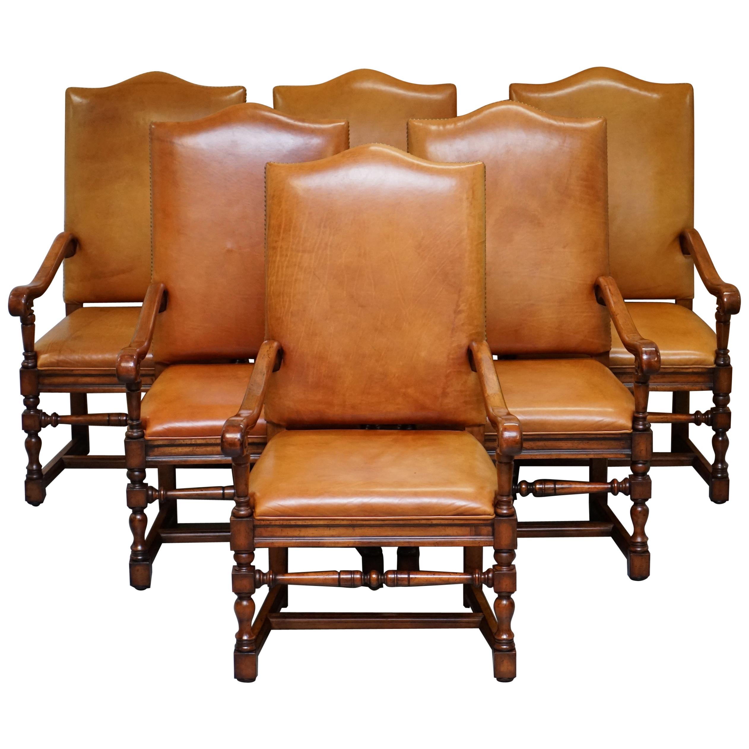 Six Ralph Lauren Hither Hills Brown Leather Throne Dining Armchairs