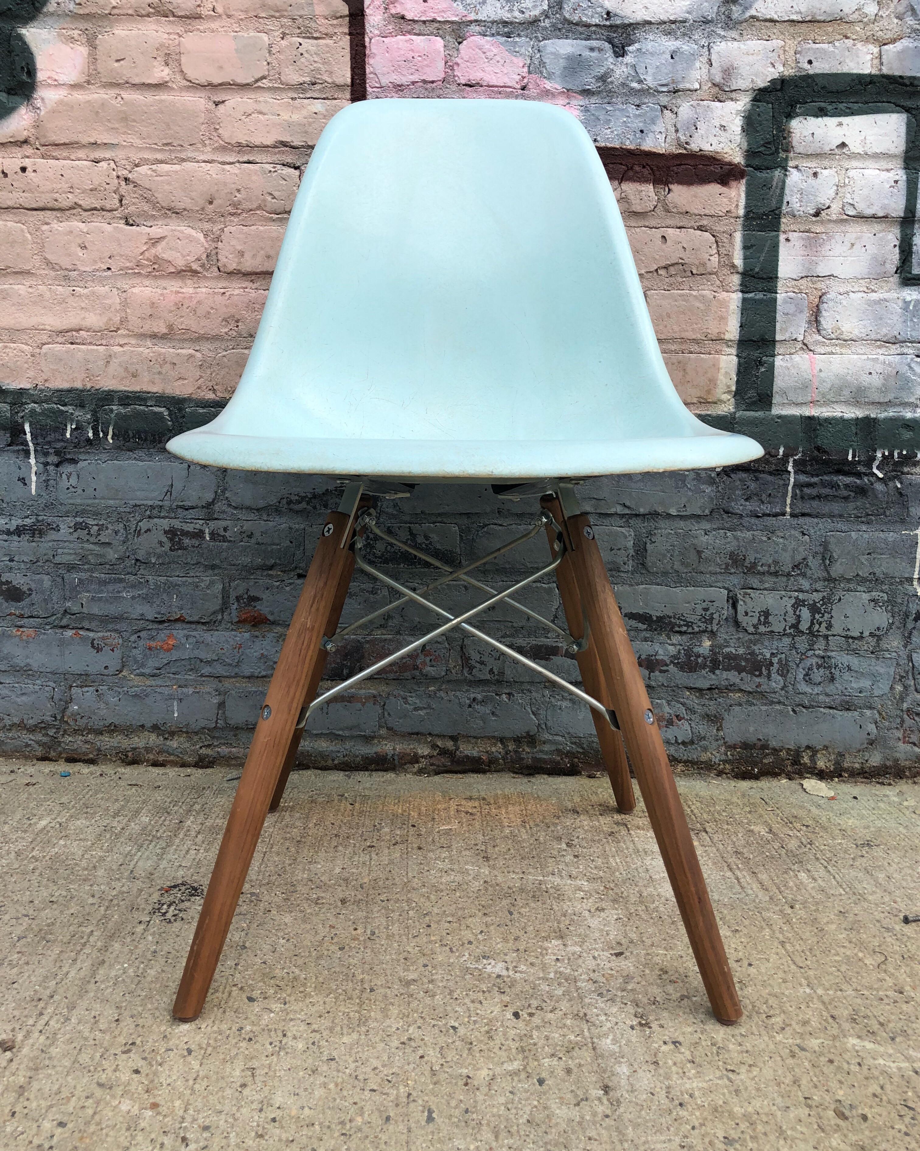 Six supremely rare Herman Miller Eames dining chairs in Robin’s Egg Blue. Original set in the same even color. No cracks or repairs. Normal wear. Bases are new and made to order in the United States. Not many sets like this exist due to the scarcity