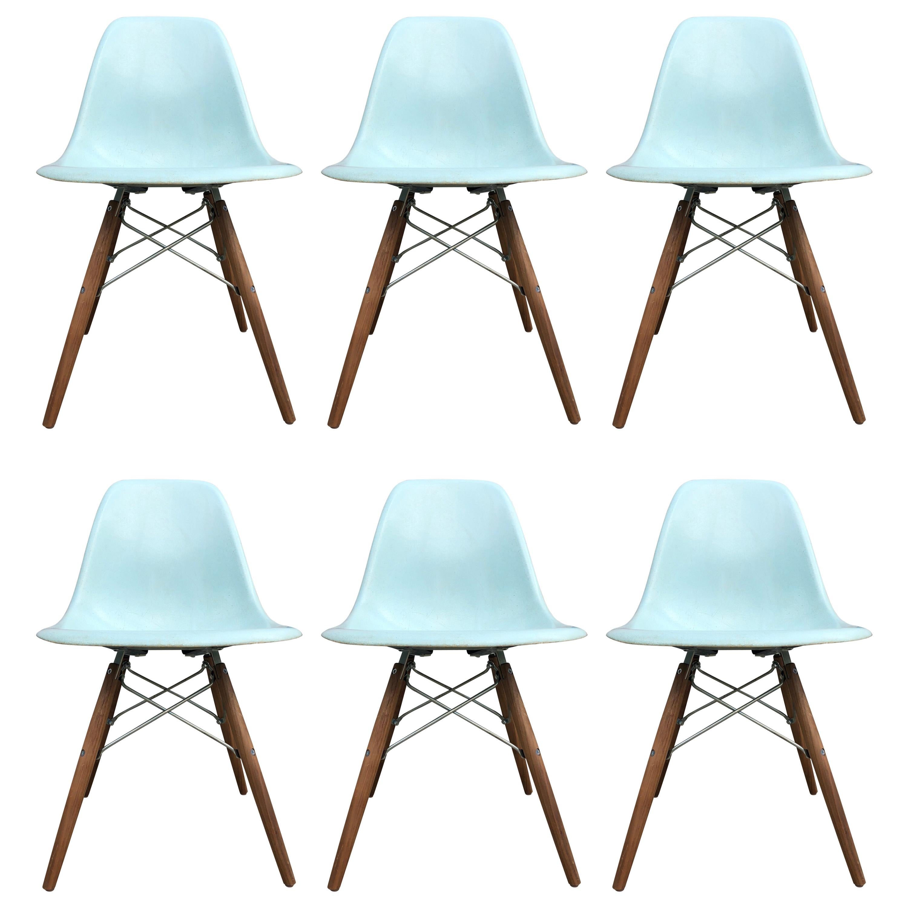 Six Rare Herman Miller Eames Dining Chairs in Robin’s Egg Blue