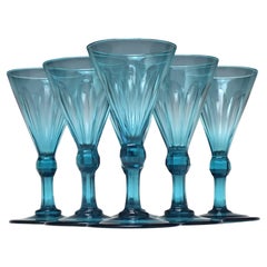 Six Rare Peacock Blue Georgian Regency Wine Glasses c1820