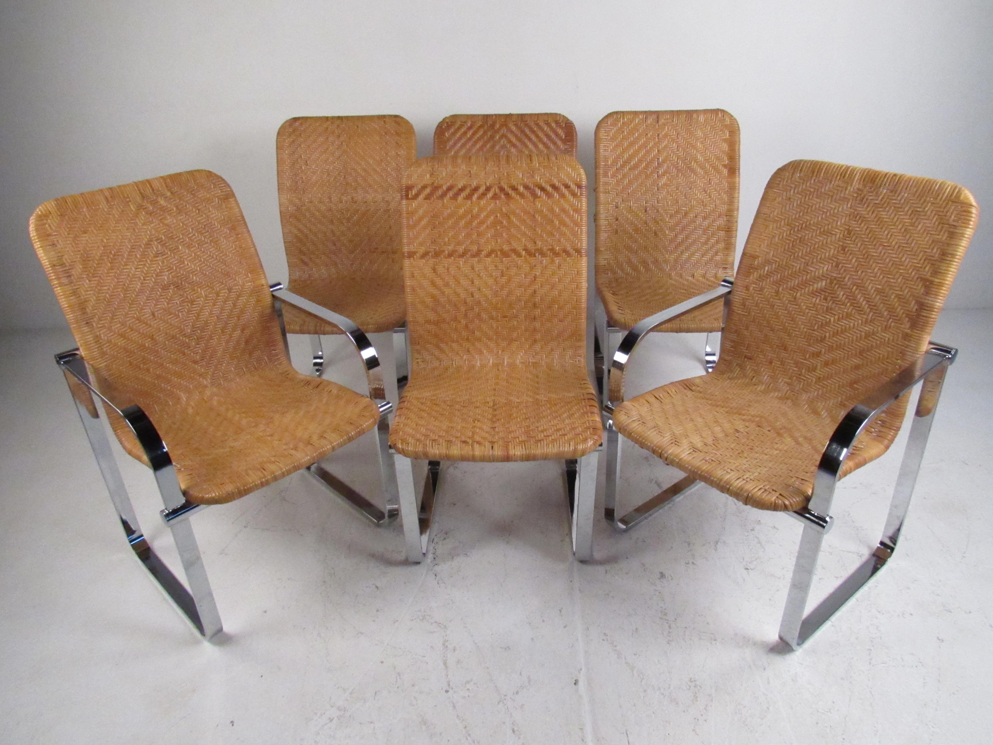 Six rattan & chrome dining chairs these stylish chairs will be a great accommodation to your dining room.
Features chrome frame with rattan woven seats.