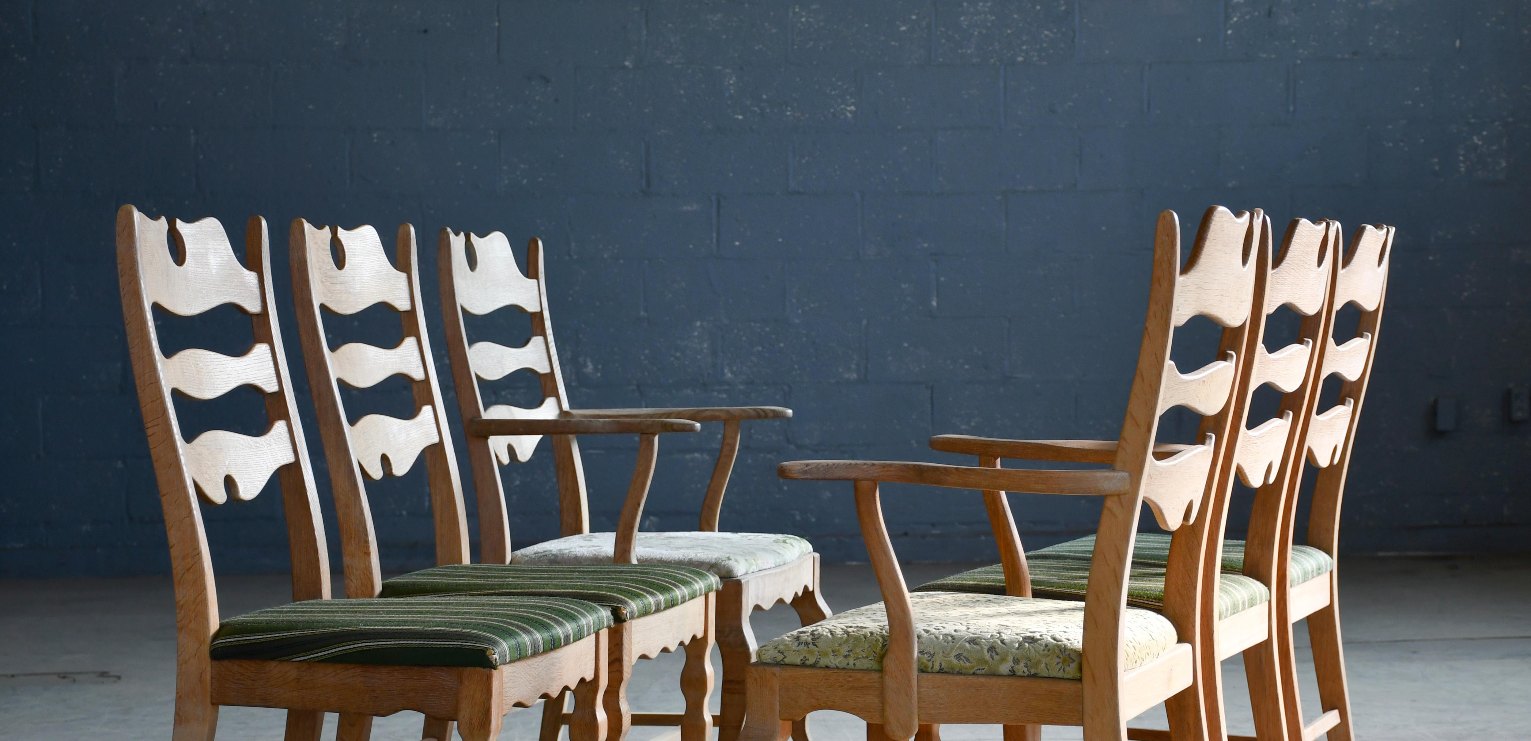 Mid-Century Modern Six Razorblade Dining Chairs in Carved Oak by Kjaernulf Denmark, 1960s For Sale
