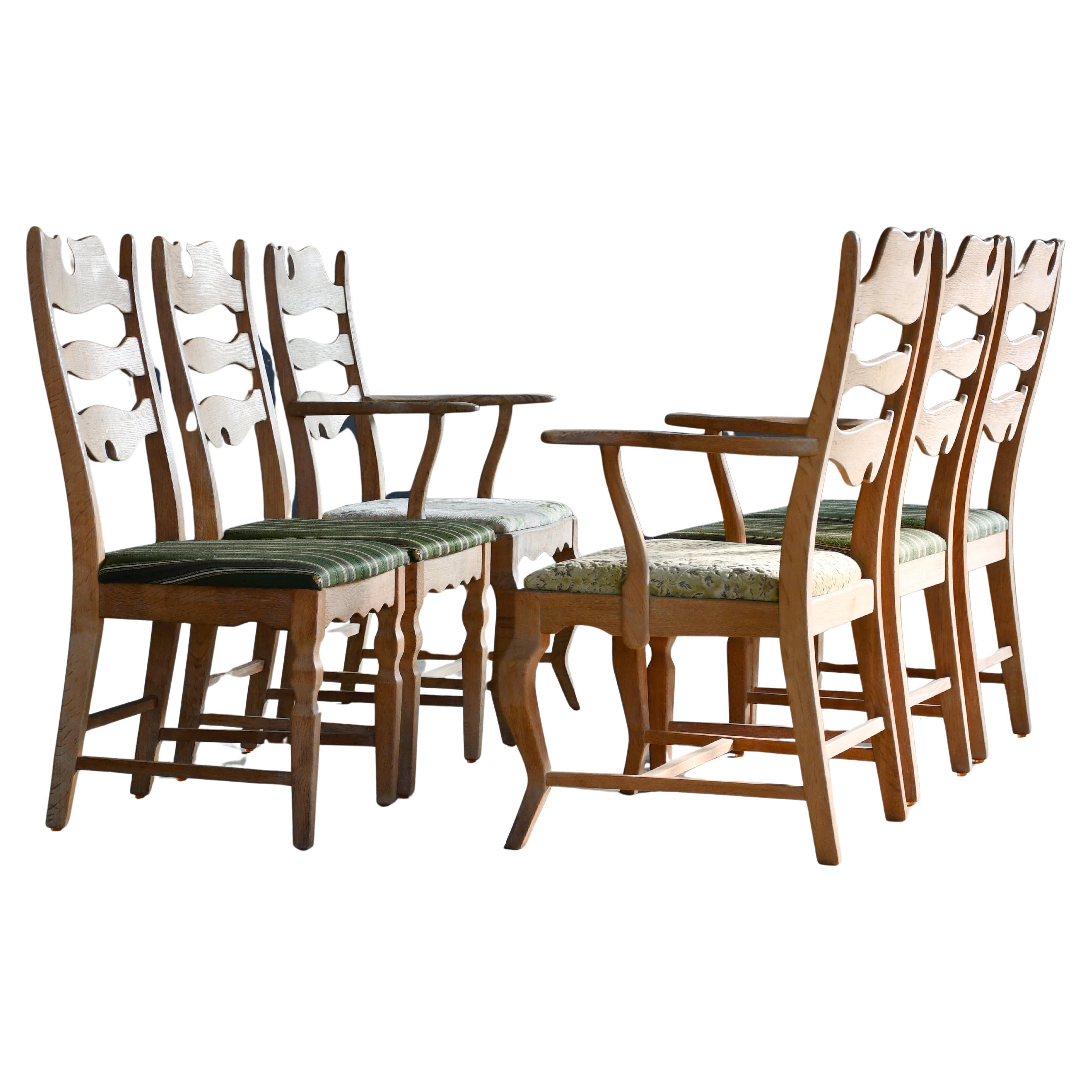 Six Razorblade Dining Chairs in Carved Oak by Kjaernulf Denmark, 1960s
