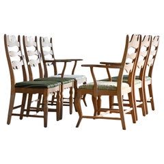 Six Razorblade Dining Chairs in Carved Oak by Kjaernulf Denmark, 1960s