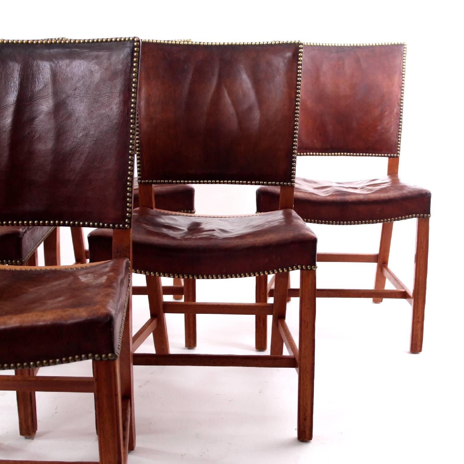 Mid-Century Modern Kaare Klint - Six Very Early Red Chairs in Cuban Mahogany and Niger Leather