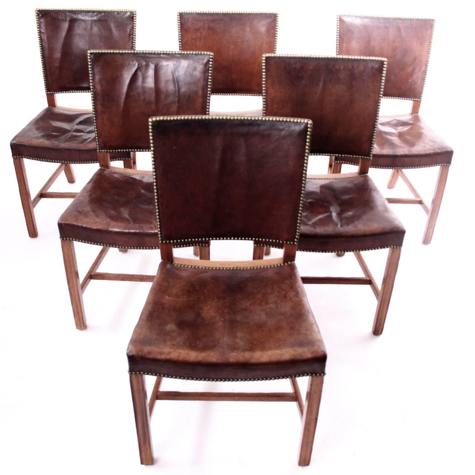 Danish Kaare Klint - Six Very Early Red Chairs in Cuban Mahogany and Niger Leather