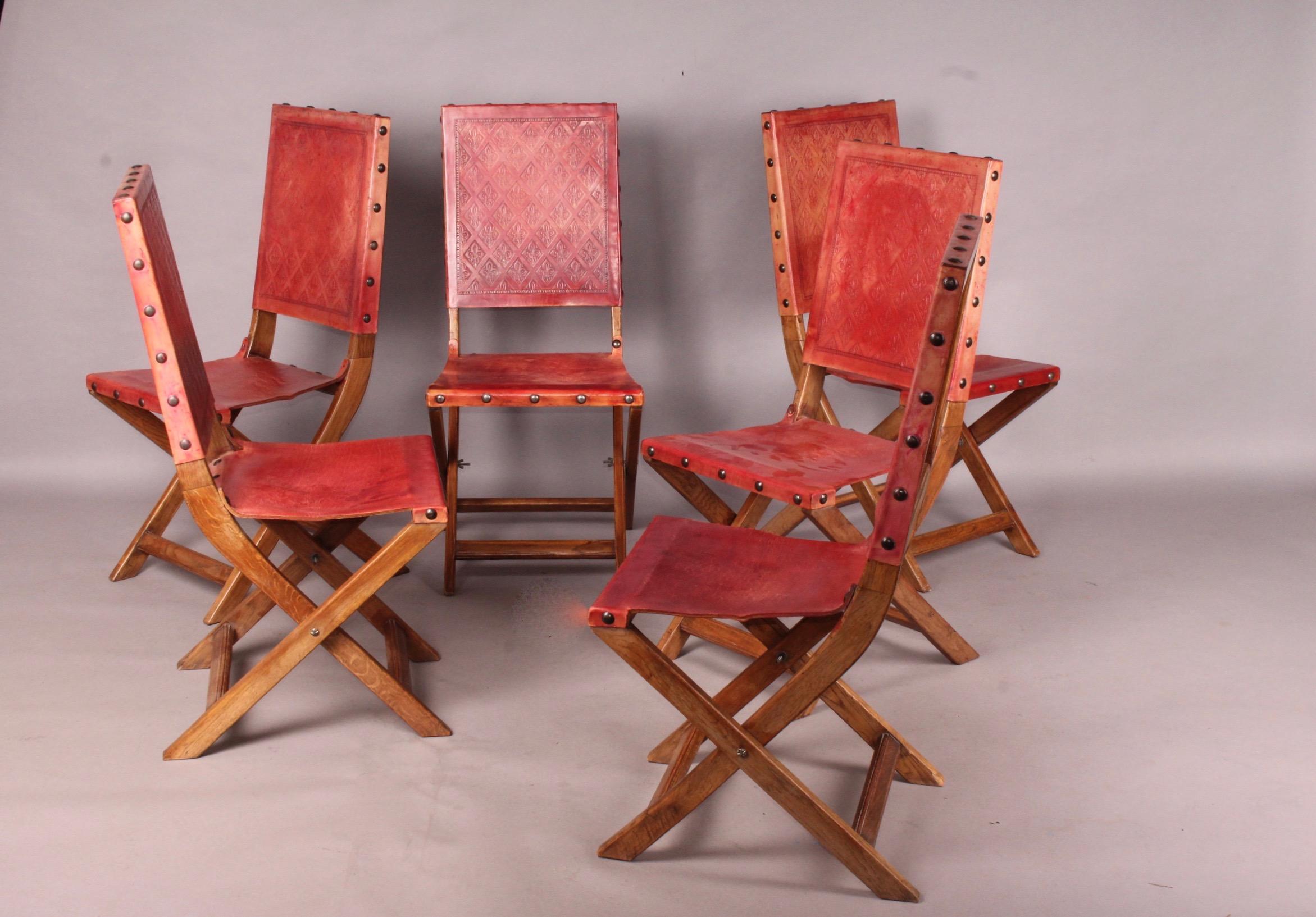 Six Red Leather and Wood Jacques Adnet Style Chairs 5