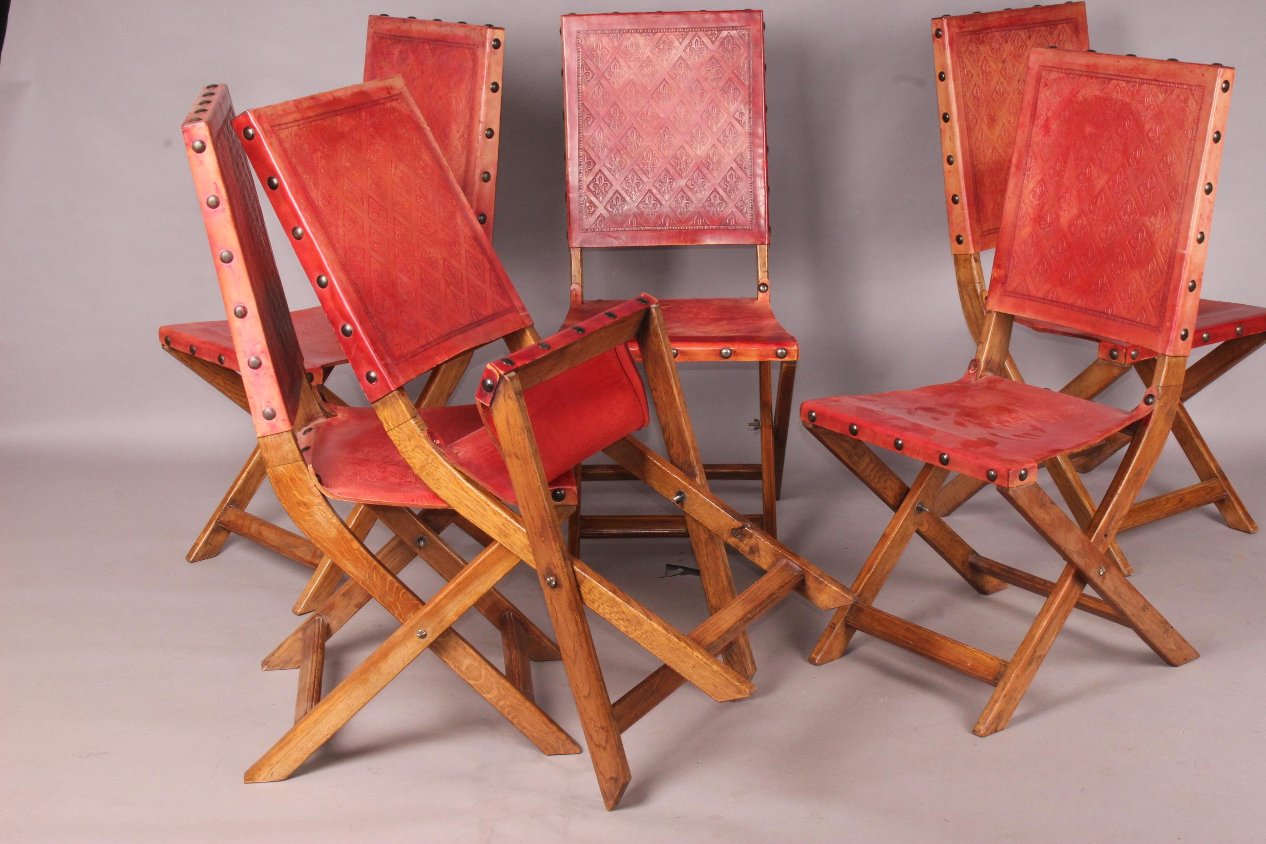 Six Red Leather and Wood Jacques Adnet Style Chairs 6
