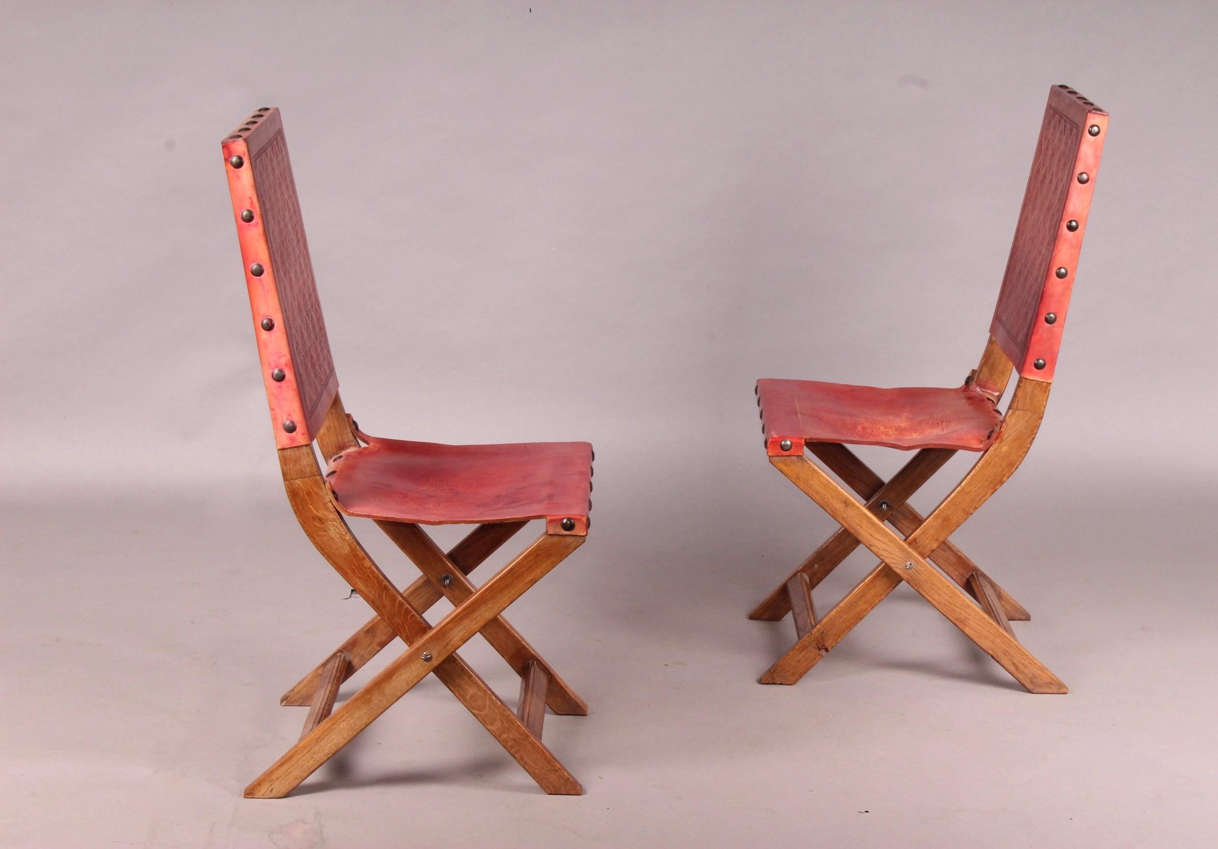 Six Red Leather and Wood Jacques Adnet Style Chairs In Distressed Condition In grand Lancy, CH