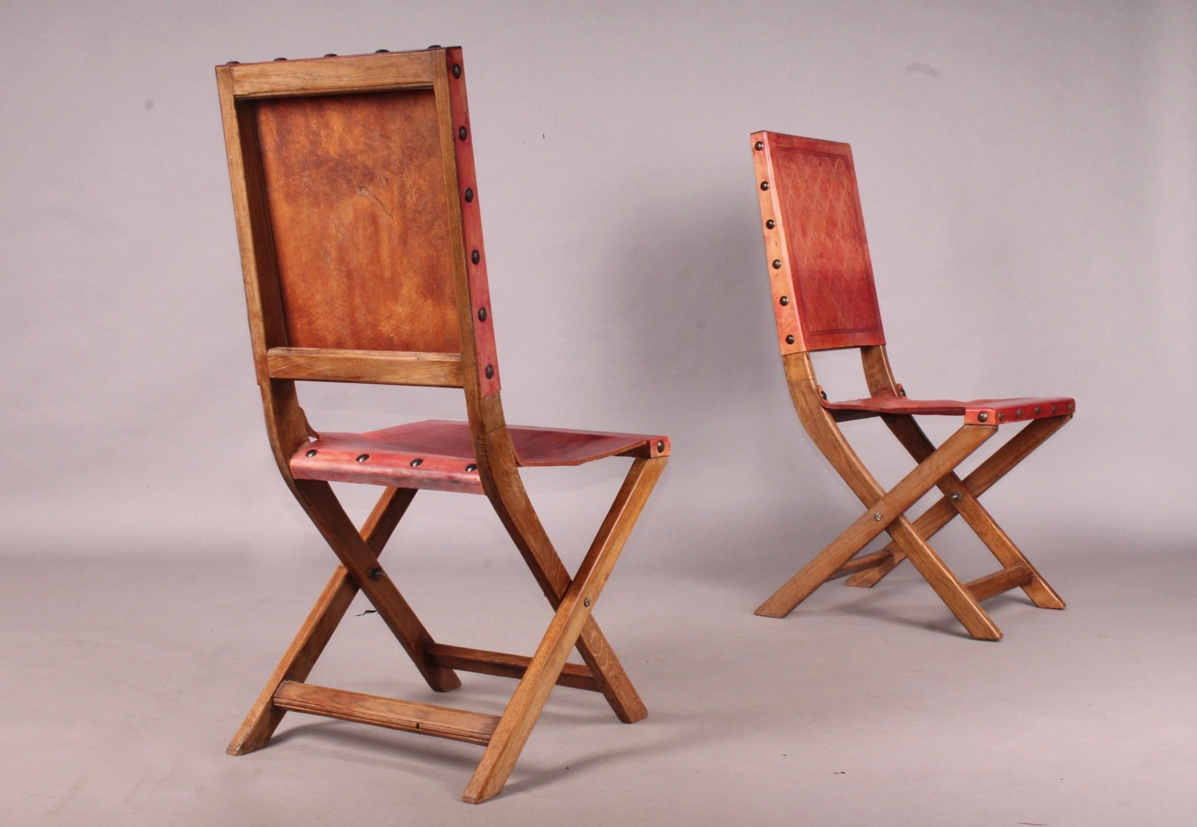 Six Red Leather and Wood Jacques Adnet Style Chairs 1