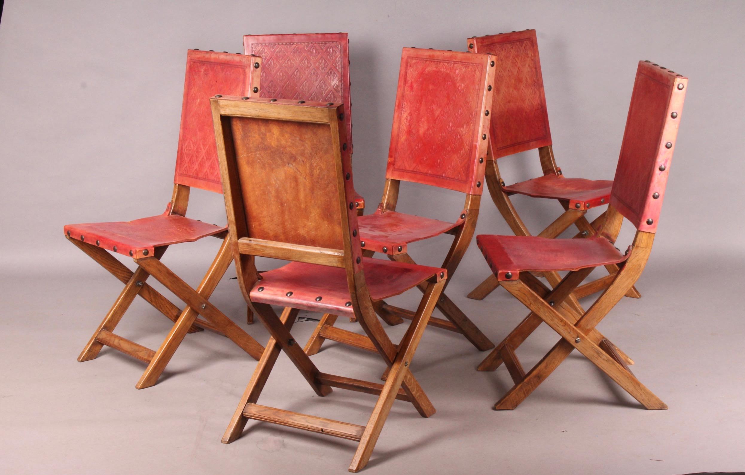 Six Red Leather and Wood Jacques Adnet Style Chairs 2