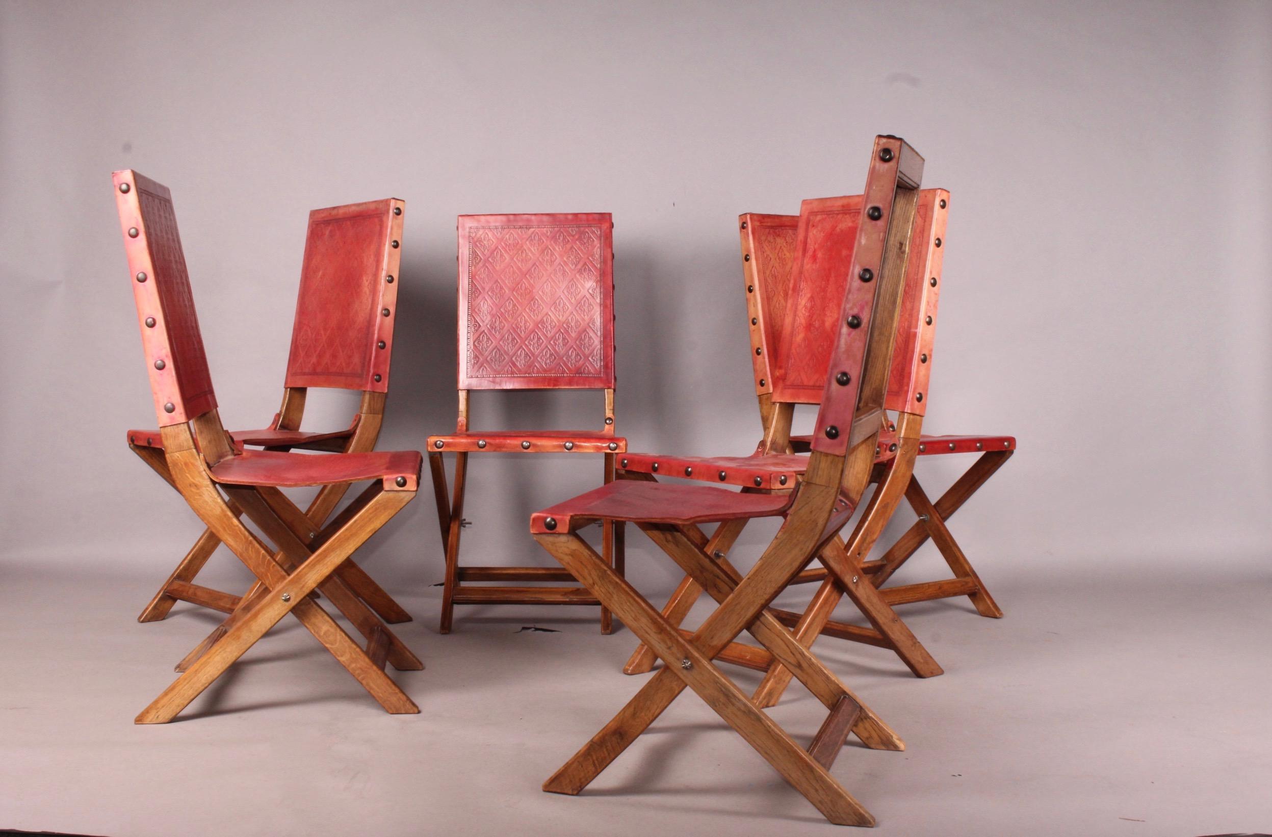 Six Red Leather and Wood Jacques Adnet Style Chairs 4