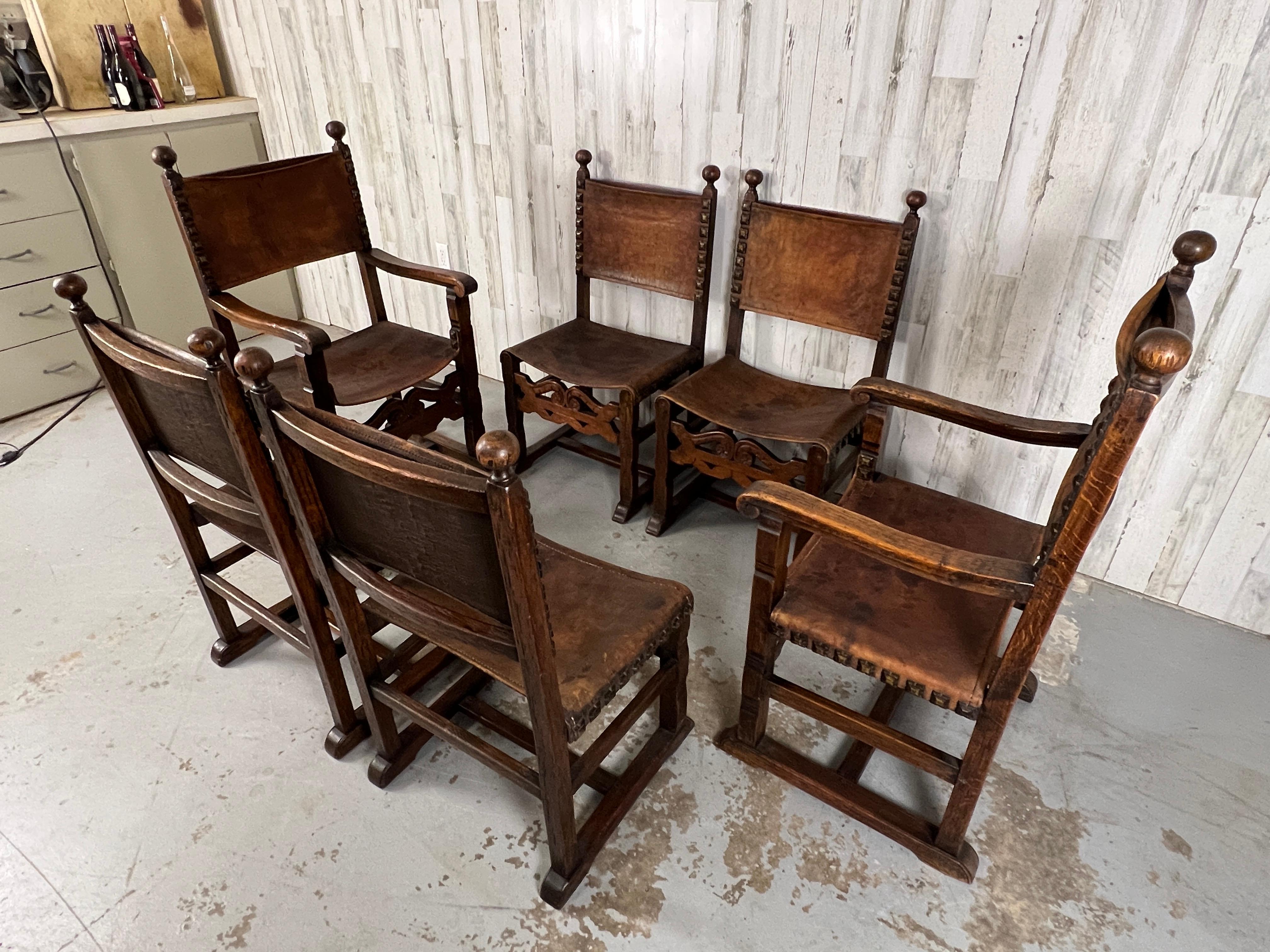 French Six Renaissance style Leather sling chairs For Sale