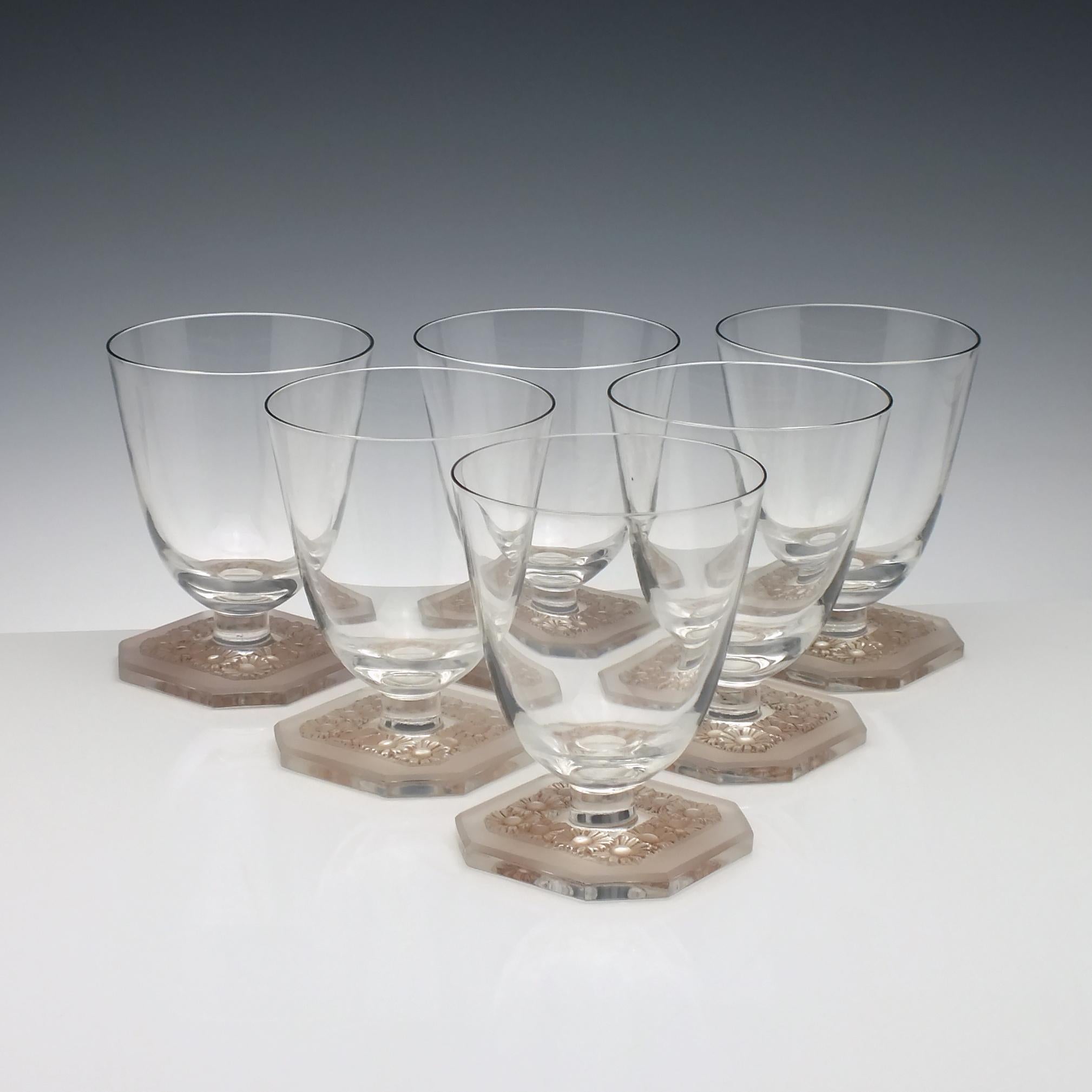 Art Deco Six Rene Lalique Paquerettes White Wine Glasses, circa 1935
