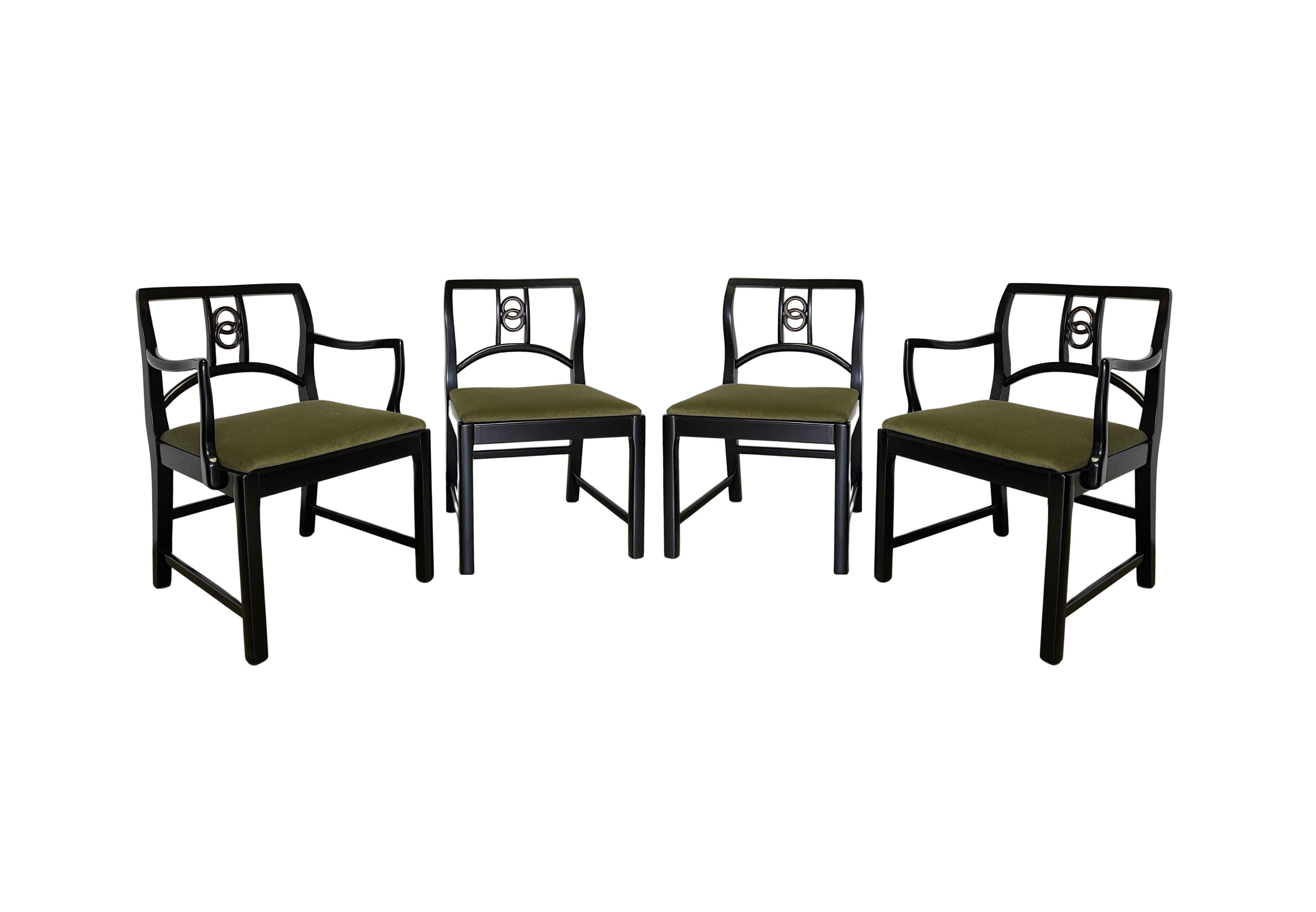 Sophisticated and elegant set of mid-century modern sculptural dining chairs designed by the American design legend Michael Taylor for Baker Furniture, circa 1960s. The set includes two (2) host and four (4) side chairs. This particular series is