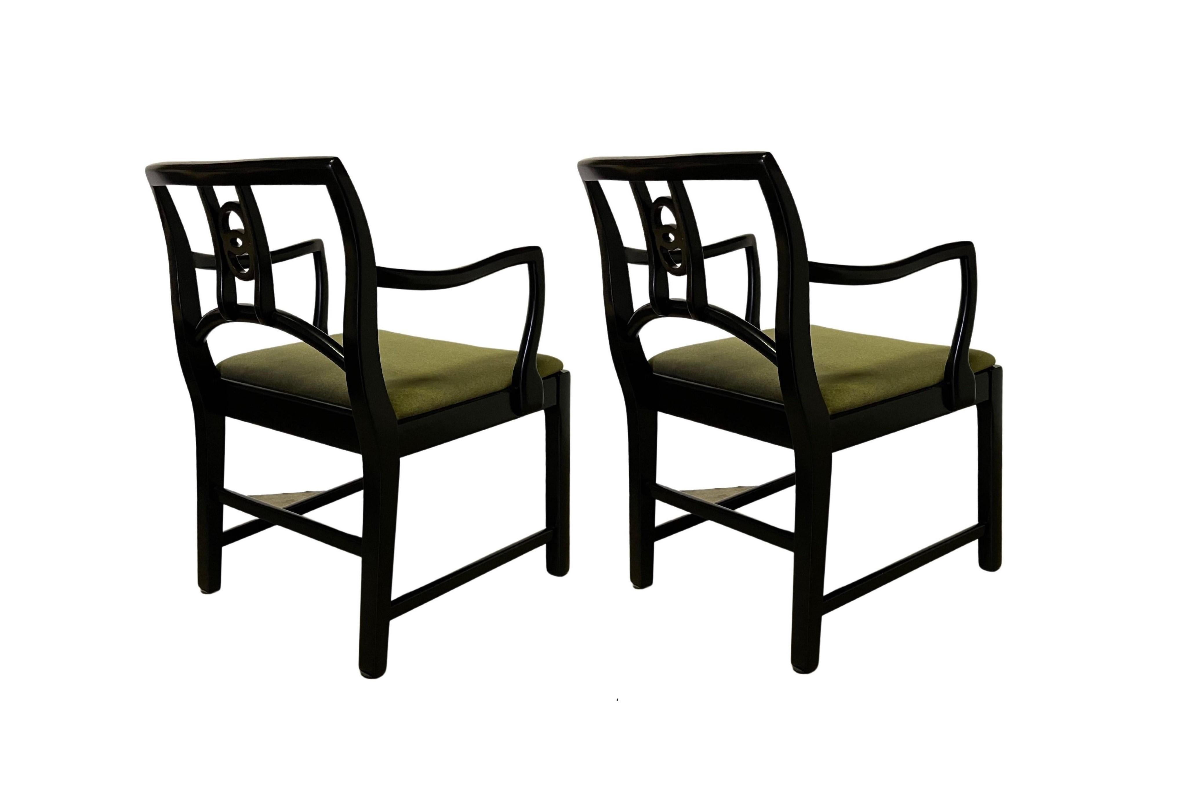 Mohair Six Restored Black Lacquer Dining Chairs by Michael Taylor for Baker For Sale