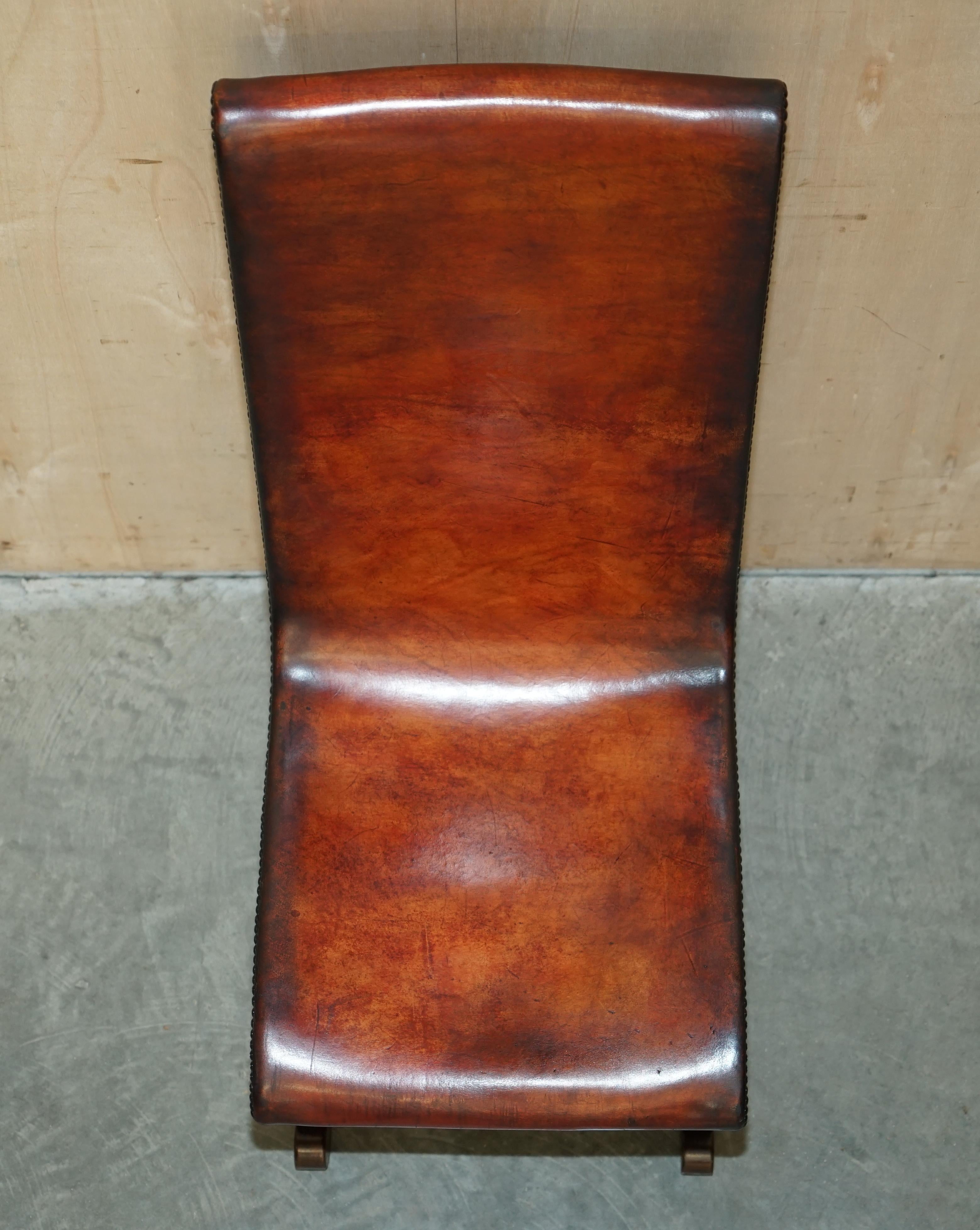 Six Restored Brown Leather & Oak Spanish Pierre Lottier Alamazan Dining Chairs 6 For Sale 6