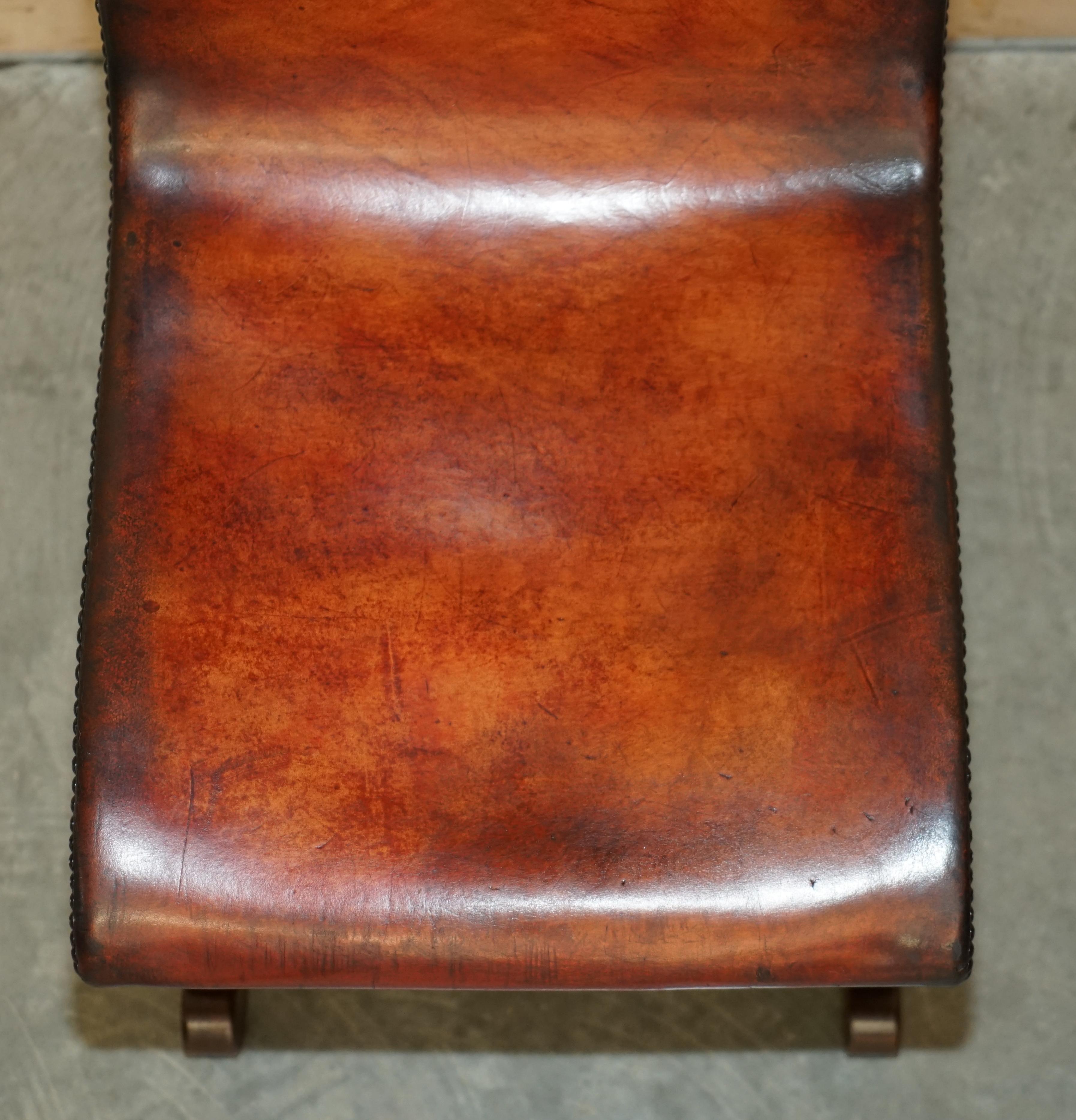 Six Restored Brown Leather & Oak Spanish Pierre Lottier Alamazan Dining Chairs 6 For Sale 7
