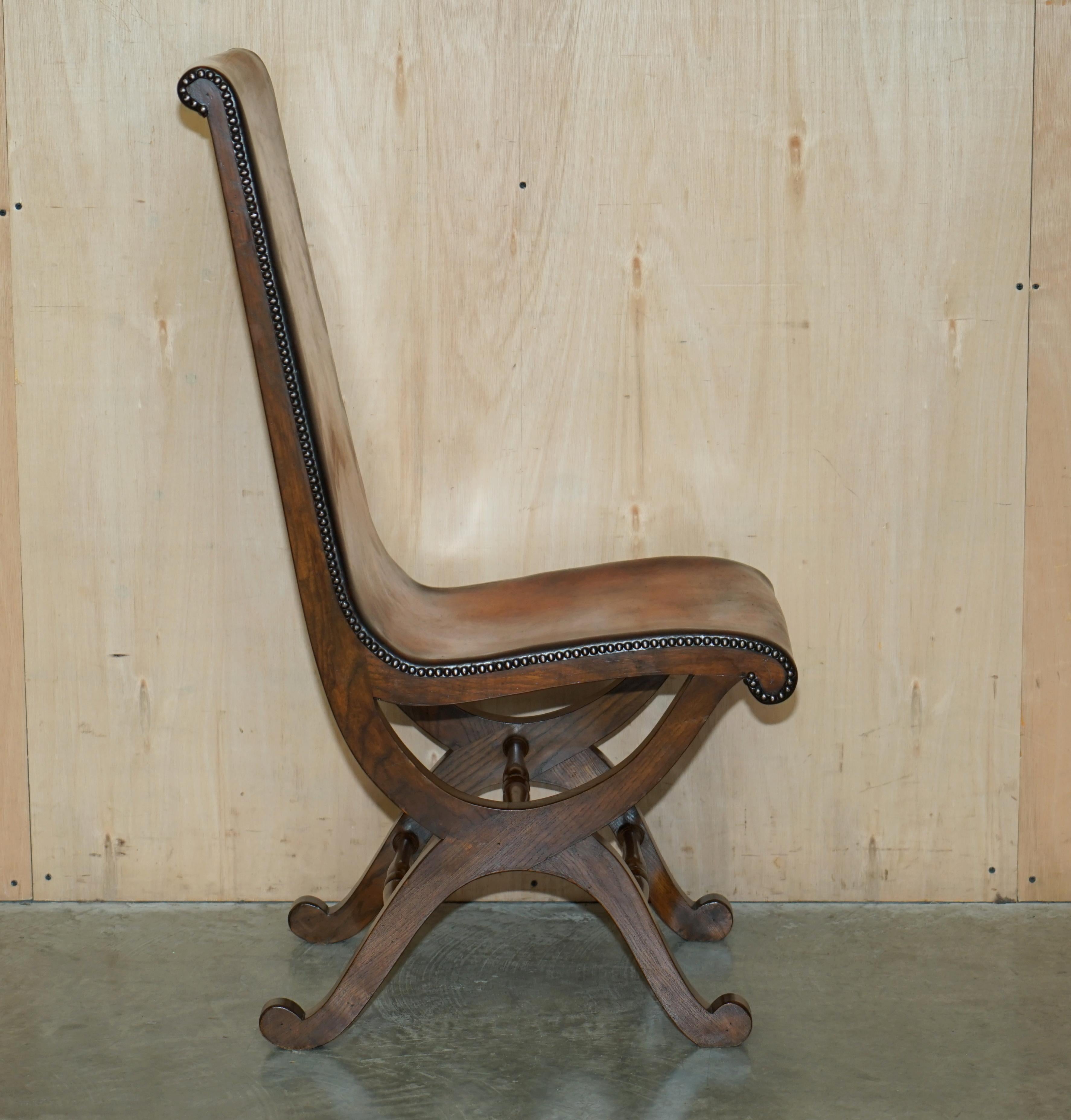 Six Restored Brown Leather & Oak Spanish Pierre Lottier Alamazan Dining Chairs 6 For Sale 8